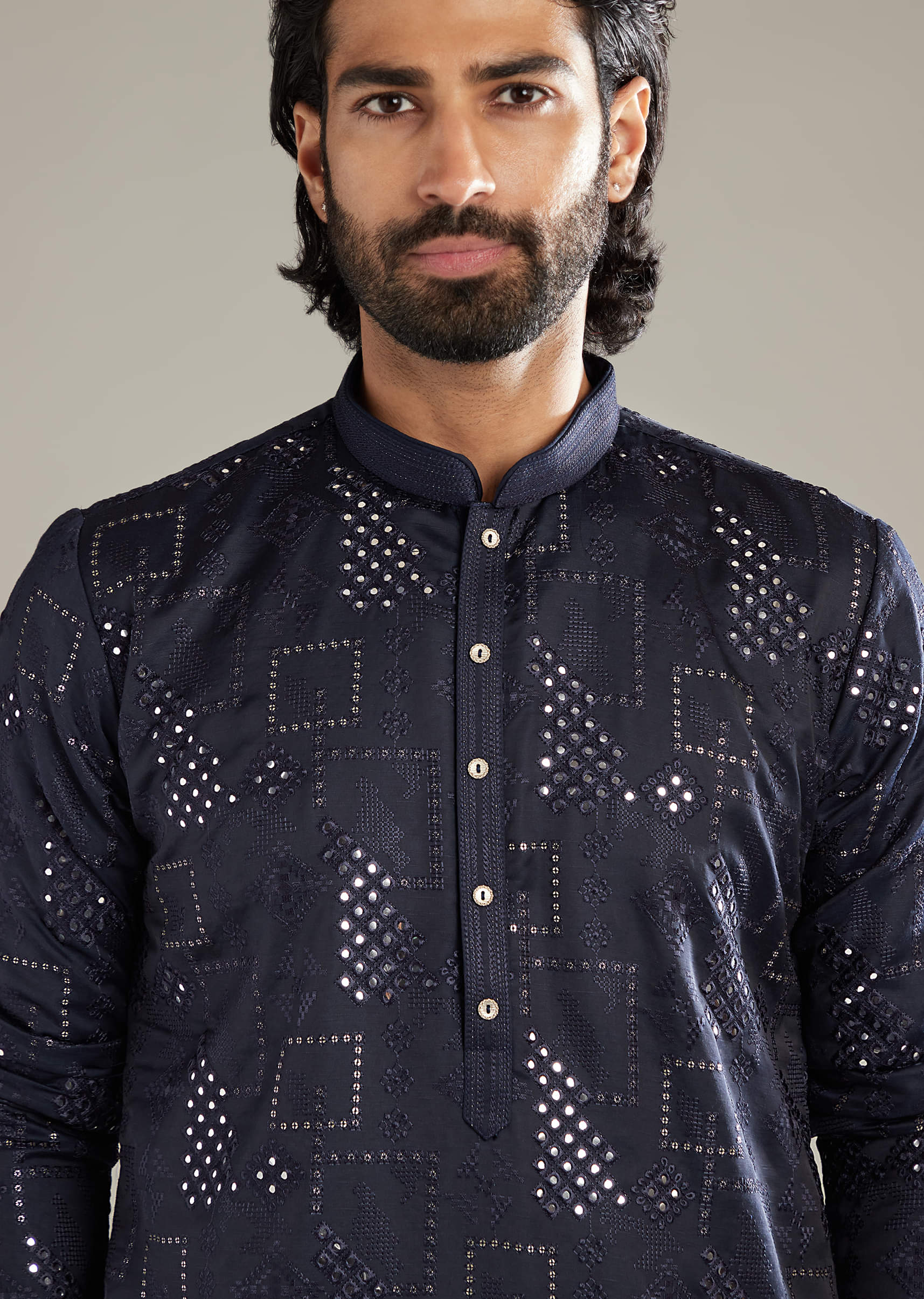 Navy Blue Silk Kurta Set For Men With Mirror And Resham Work