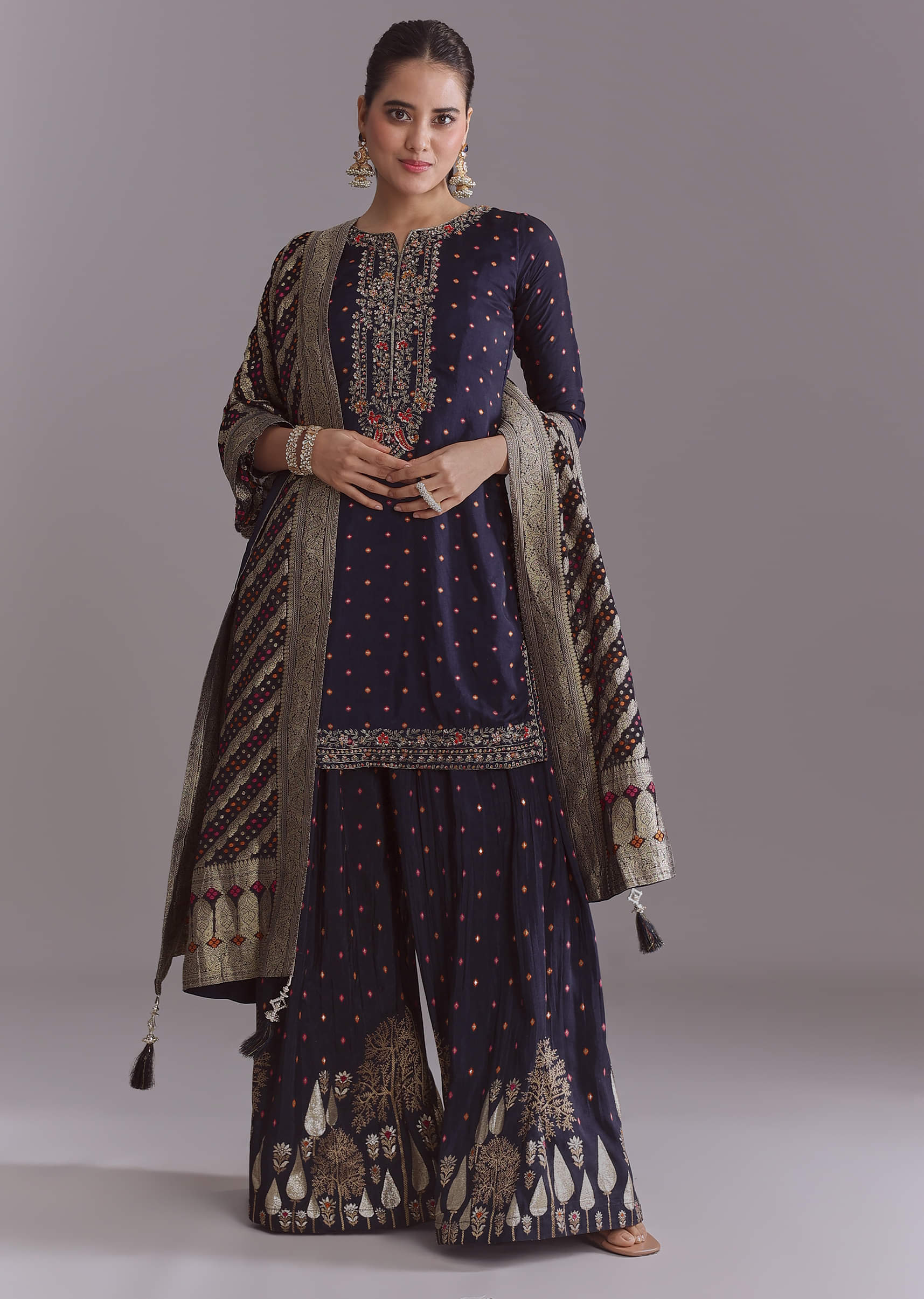 Navy Blue Silk Palazzo Suit With Embroidery And Brocade Dupatta - Image 3
