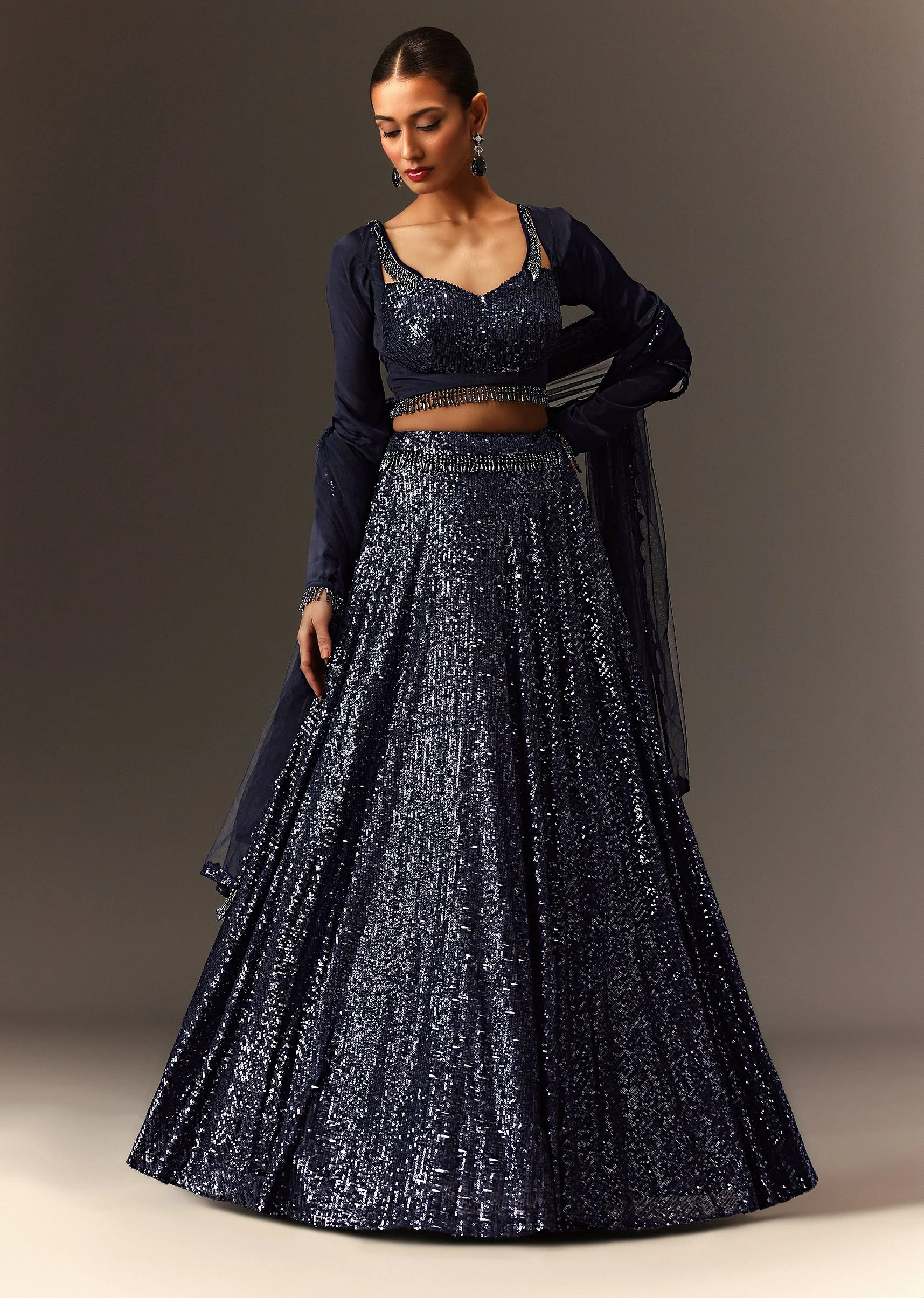 Navy Blue Tie Up Blouse And Embroidered Lehenga With Detailed Border Dupatta