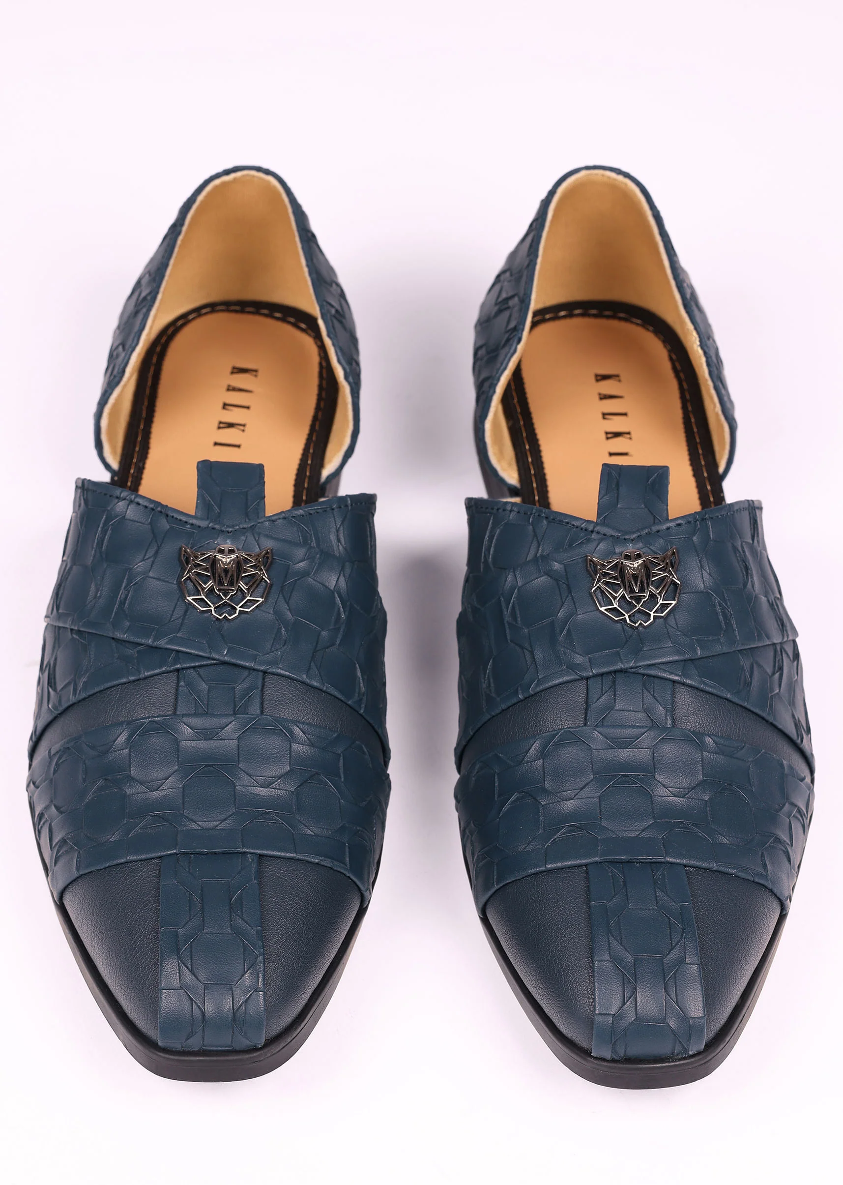Navy Blue Vegan Leather Jutti With Criss Cross Pattern - Image 5