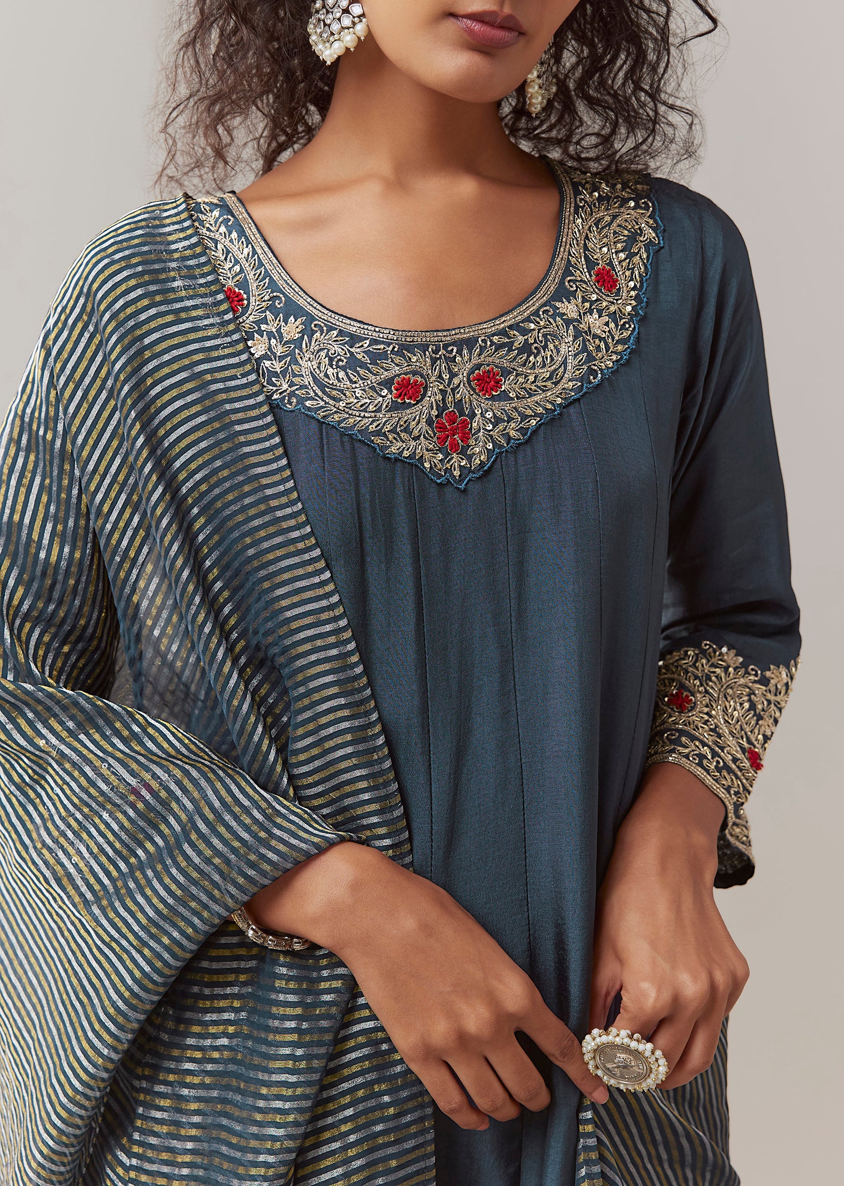 Navy Blue Zardozi Embellished Anarkali Set - Image 2
