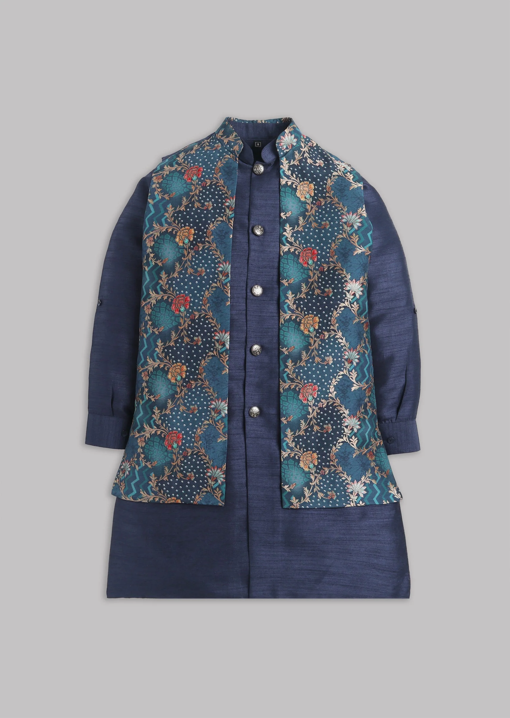 Navy Floral Nehru Jacket Set - Image 2
