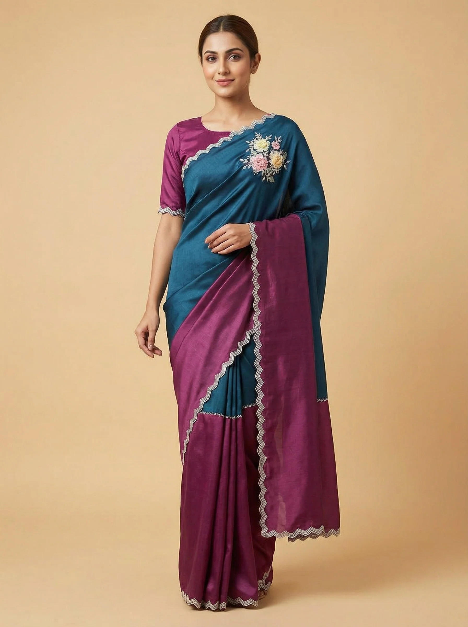 Navy Wine Blue Embroidered Saree