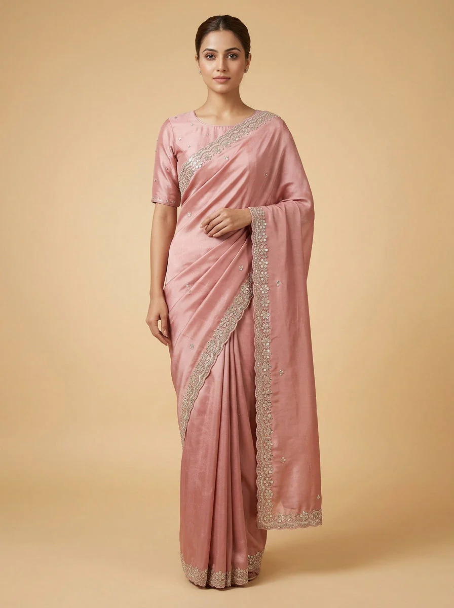 Nectar Peach Fine Embroidery Saree