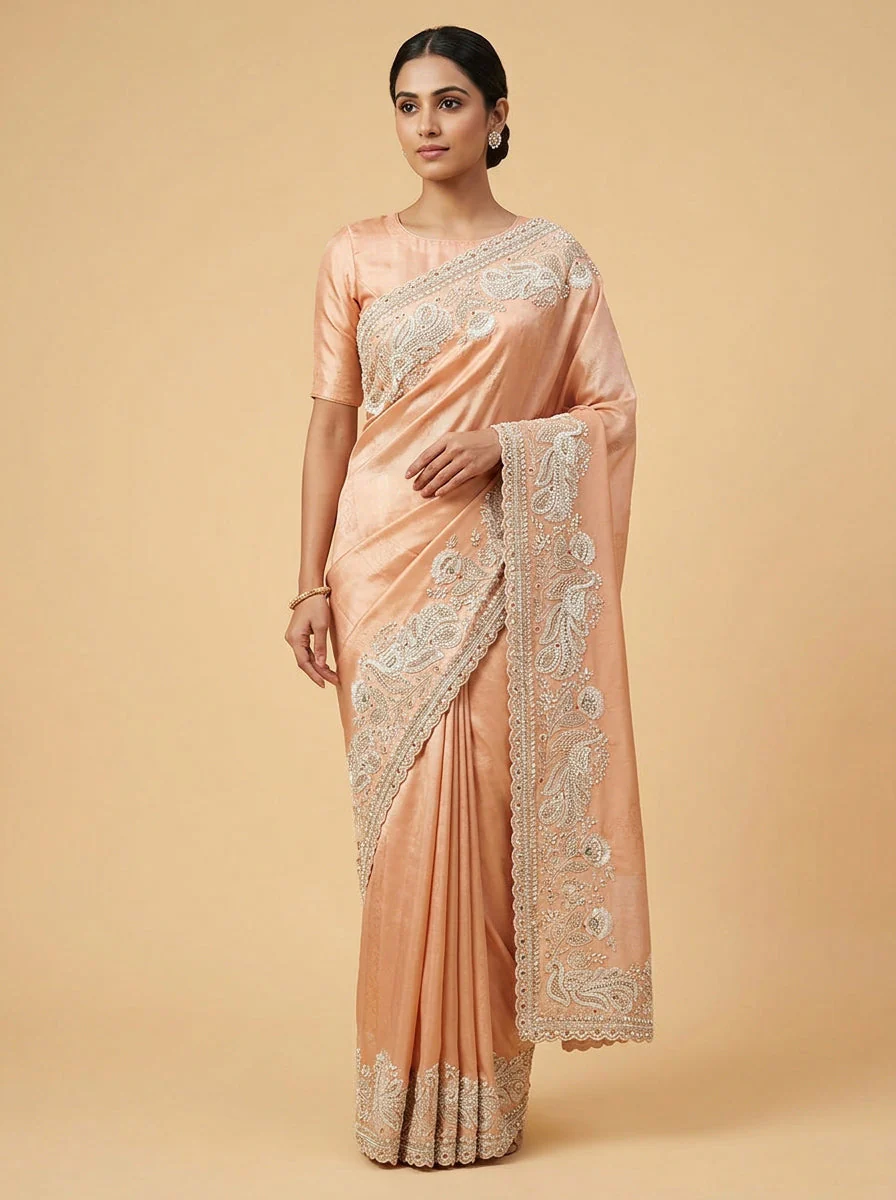 Nectar Peach Intricate Work Saree