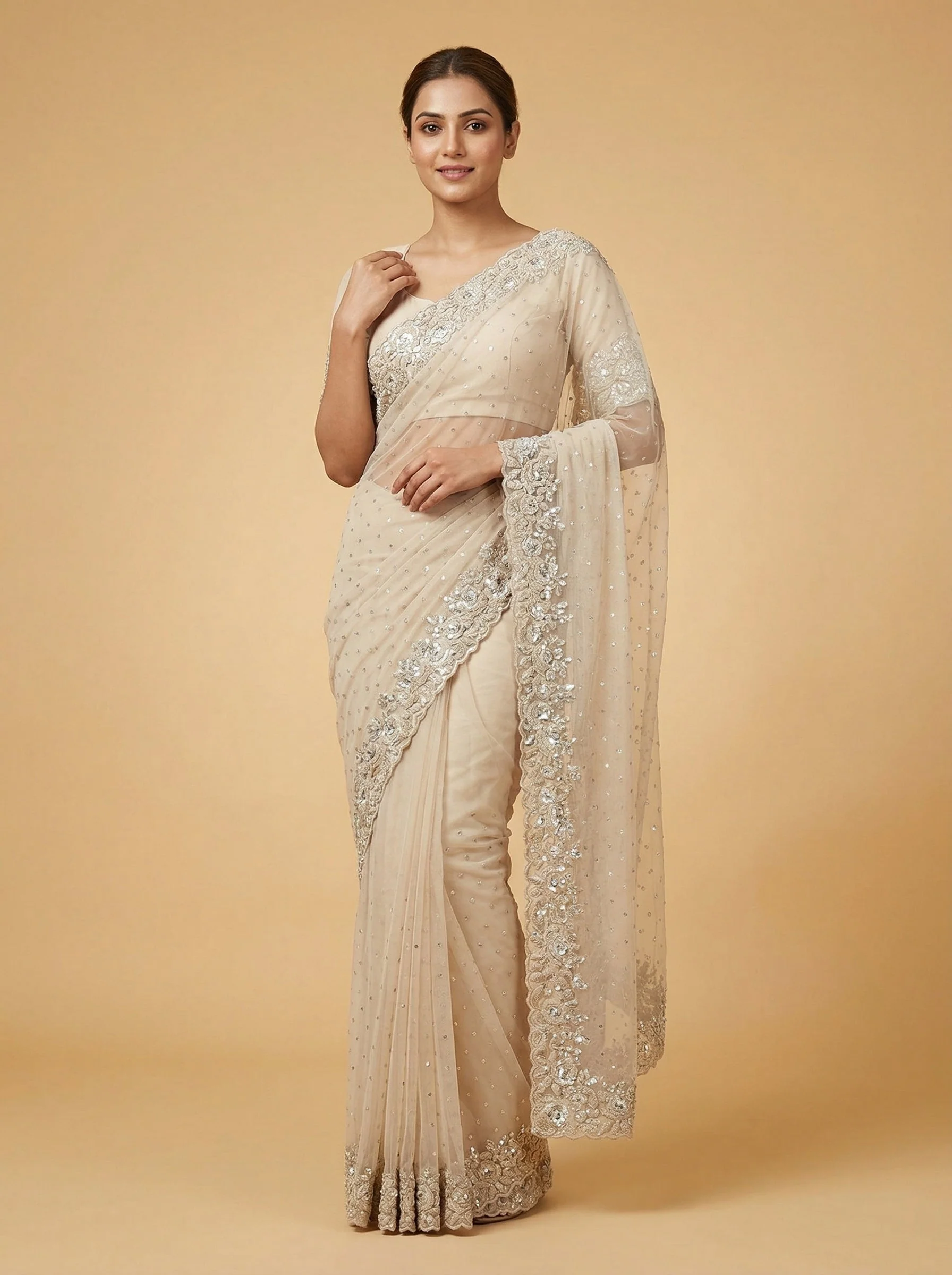 Nude Skin Embroidered Saree