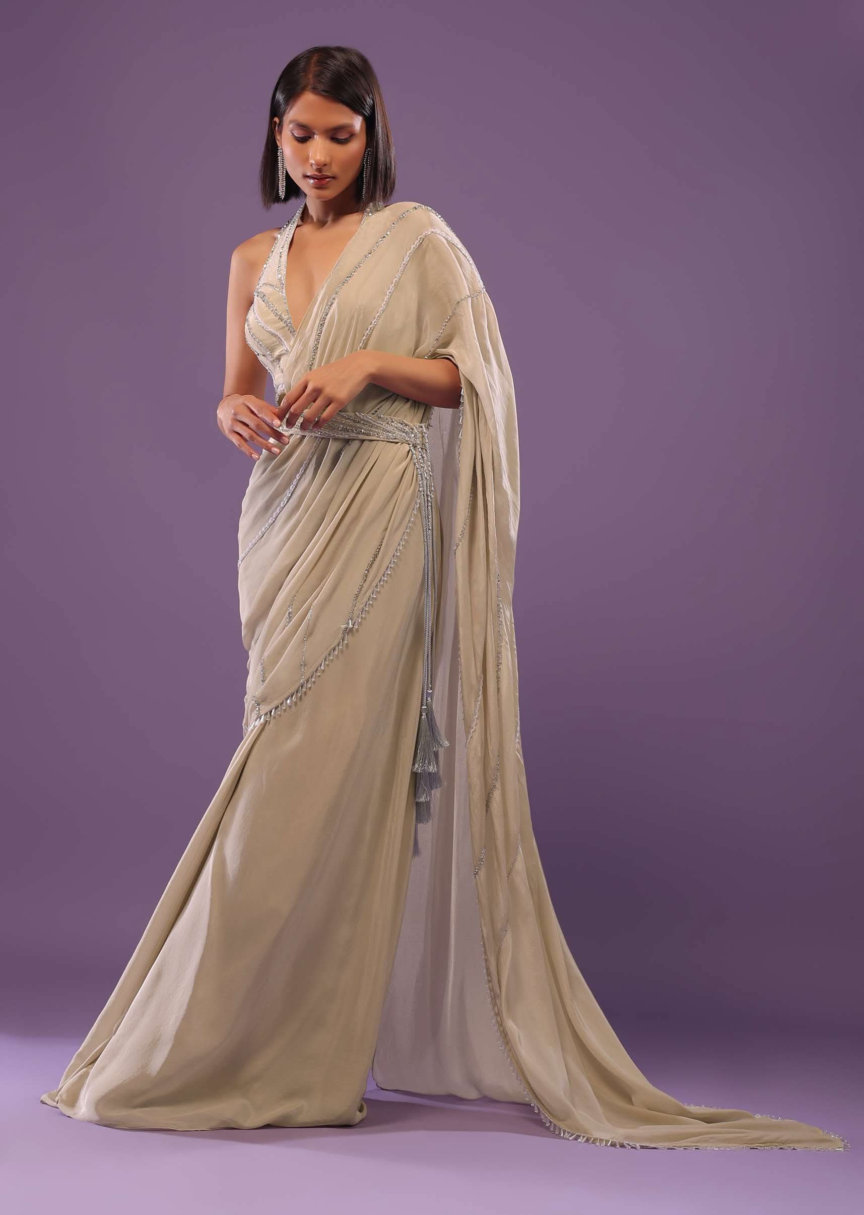 Nude White Embroidered Ready-Pleated Saree In Crepe - Image 3