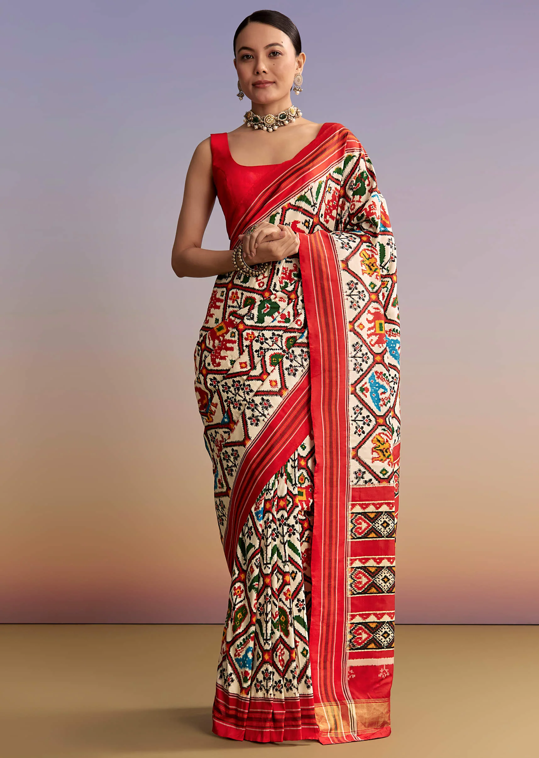 Off White And Ruby Red Double Ikkat Handwoven Patola Saree - Image 3