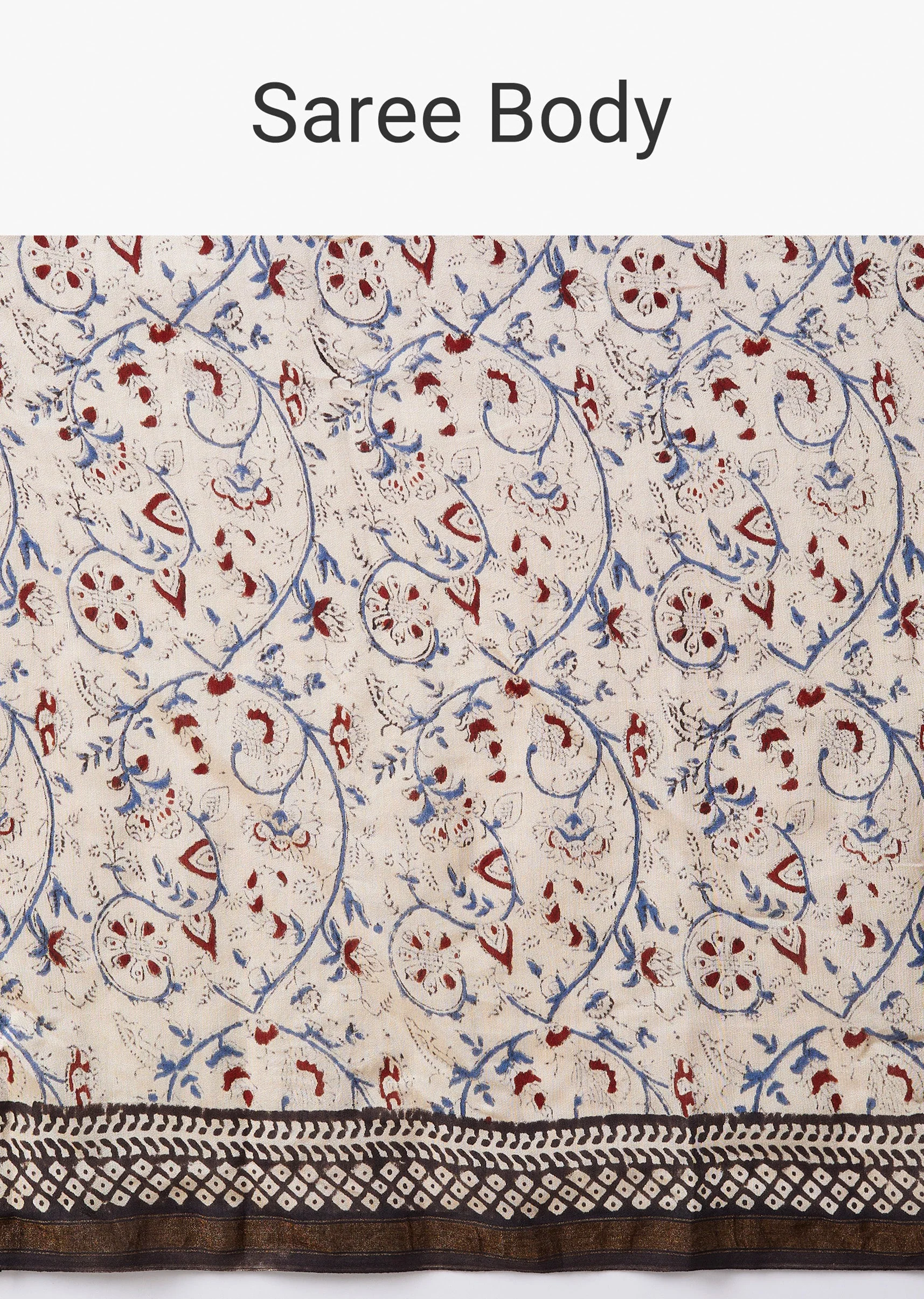Off White Block Printed Tassel Saree with Unstitched Blouse - Image 9