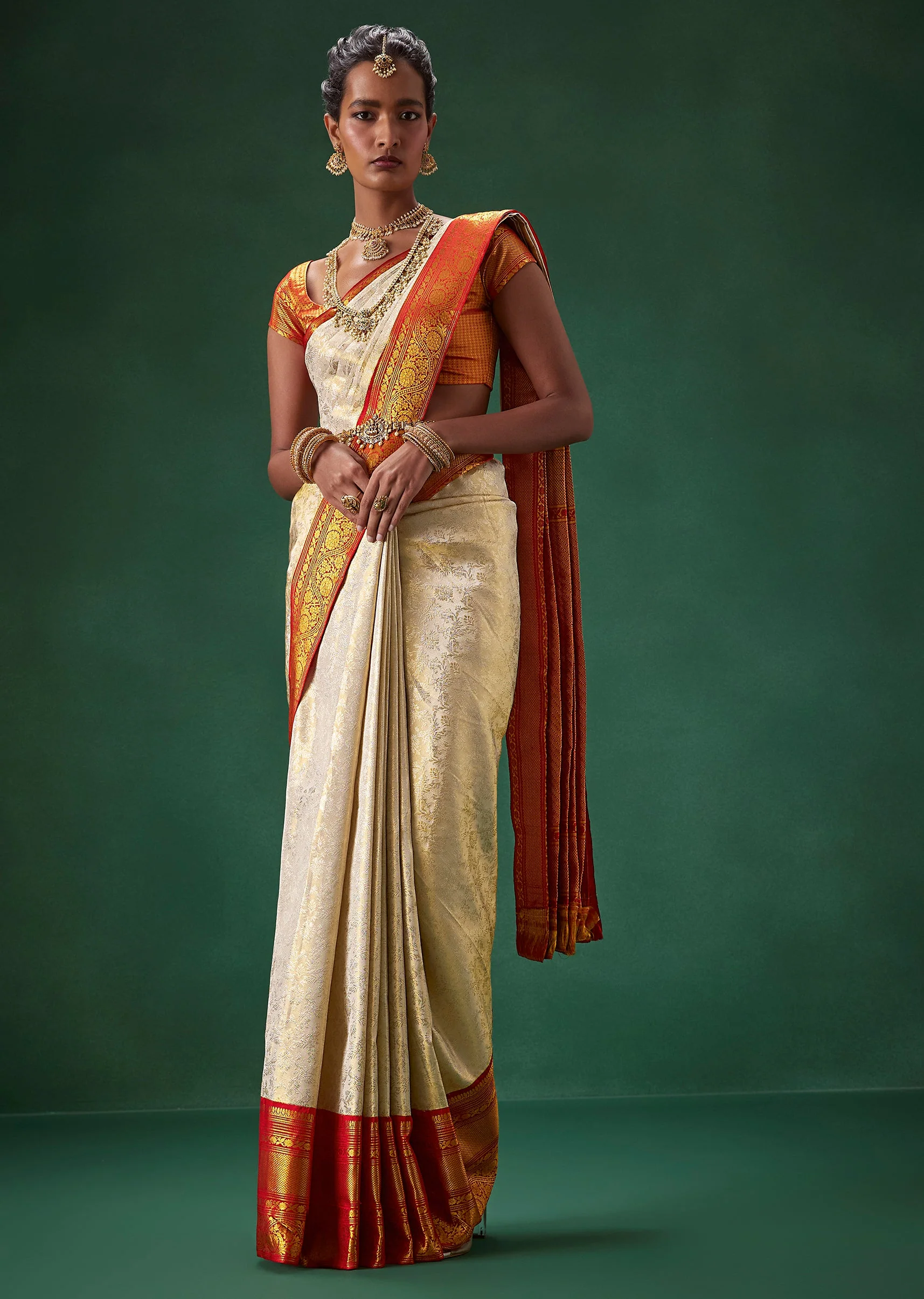 Off White Bridal Kanjivaram Saree with Unstitched Blouse