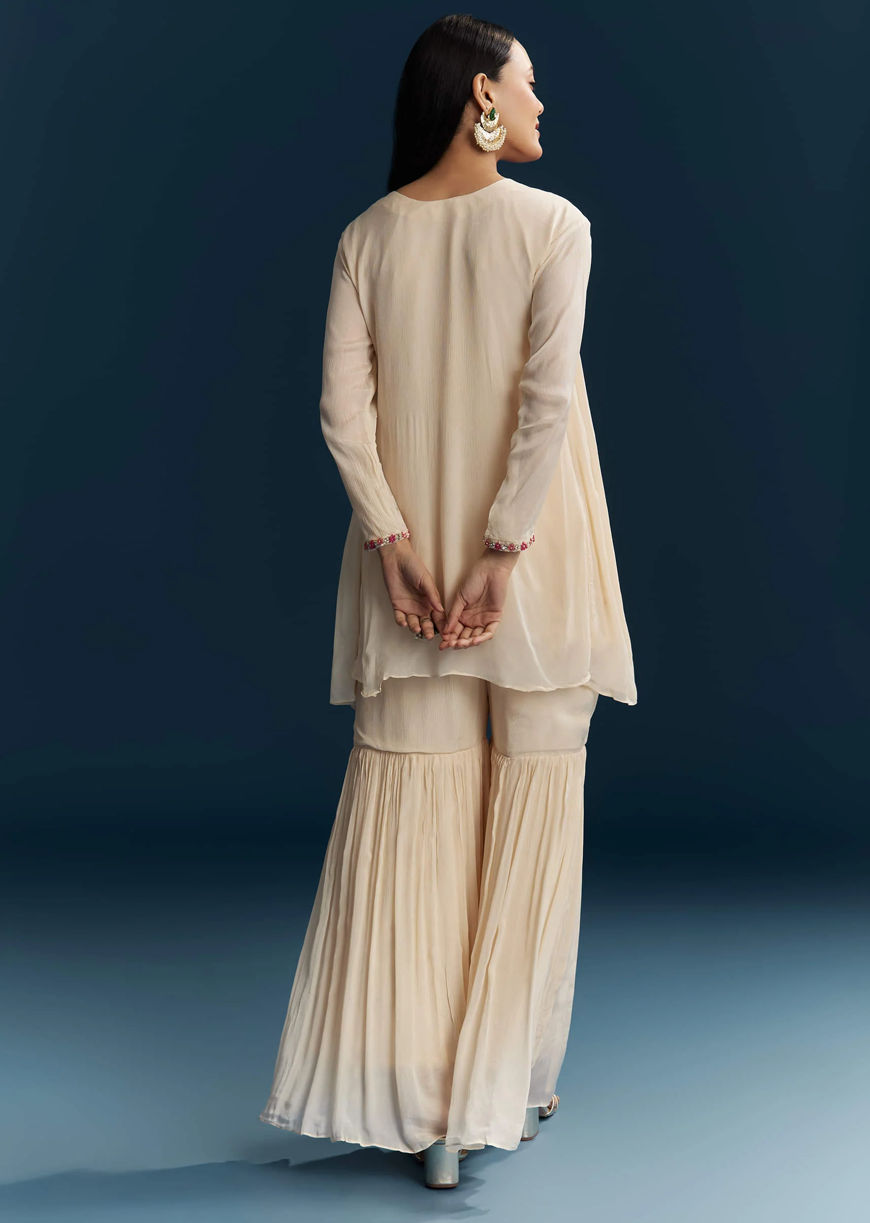 Off White Chinon Indo Western Top And Sharara Set With Zardosi Work - Image 5