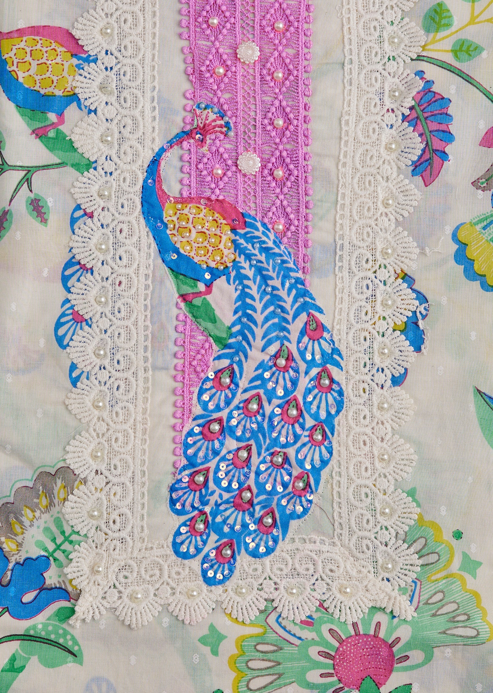 Off-White Cotton Lace Embroidered Unstitched Suit Set With Dupatta - Image 2