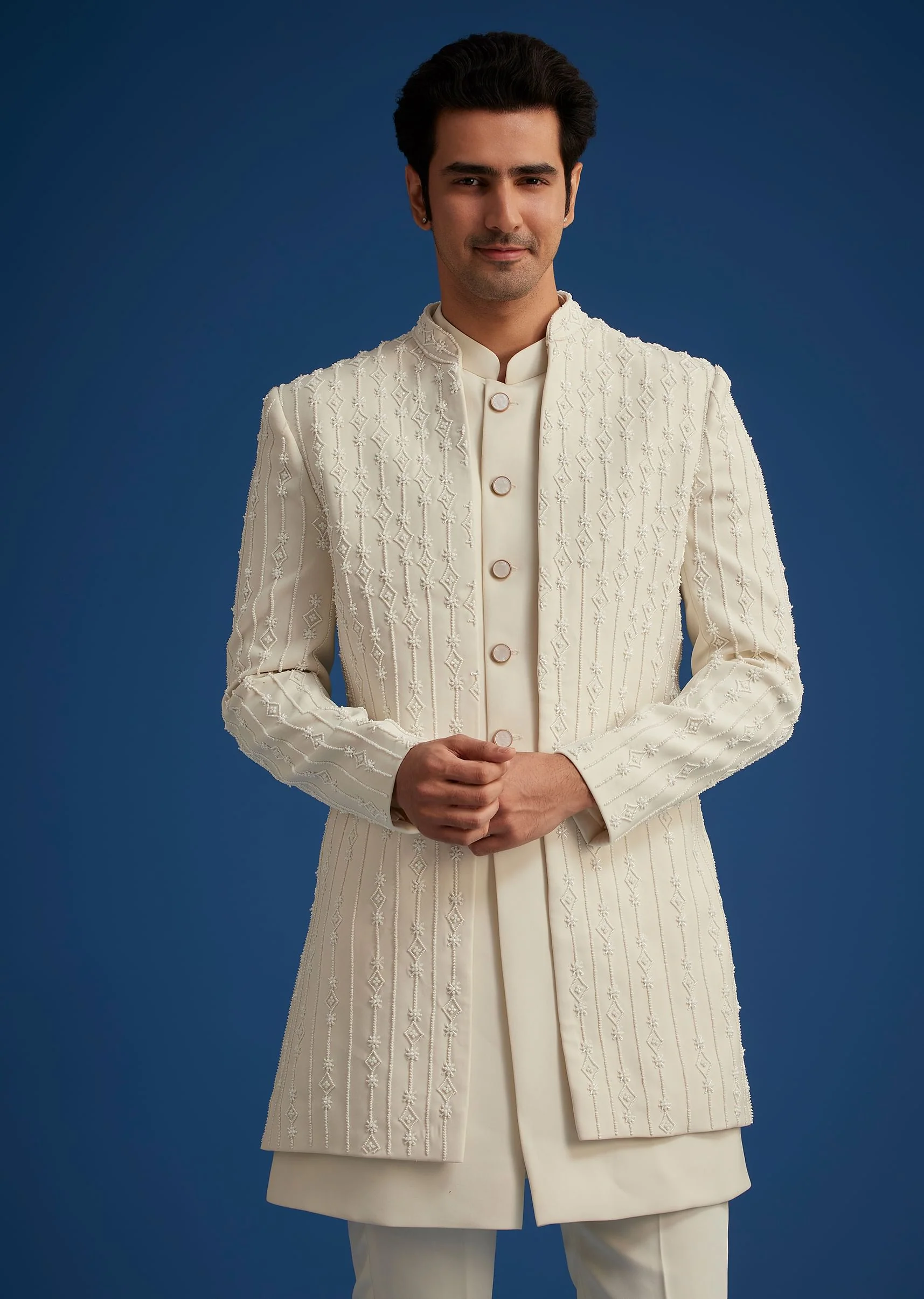 Off White Cotton Satin Sherwani Set With Hand Embroidered Jacket - Image 4