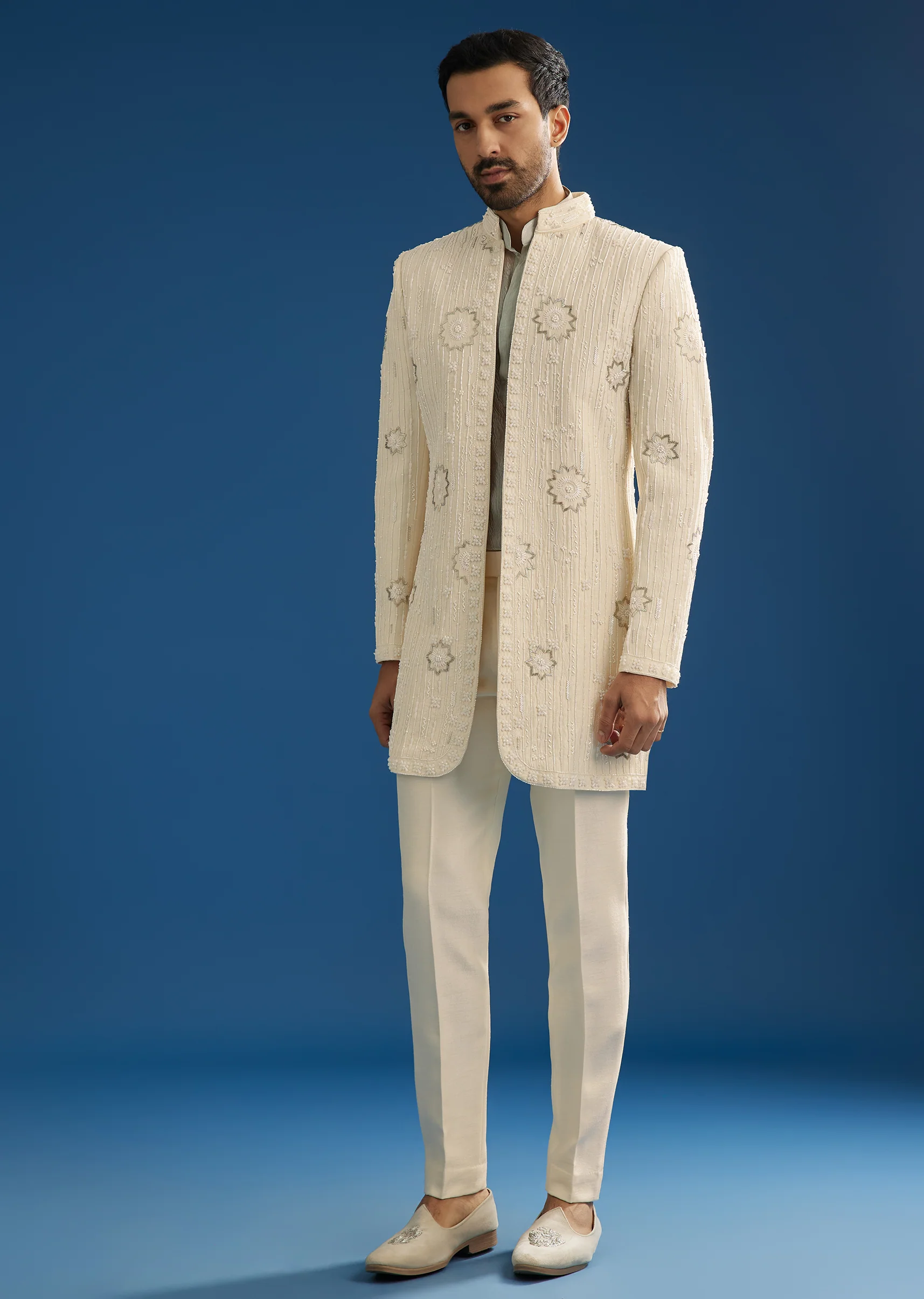 Off White Crush Tissue Sherwani Set With Beads And Cutdana Work - Image 3