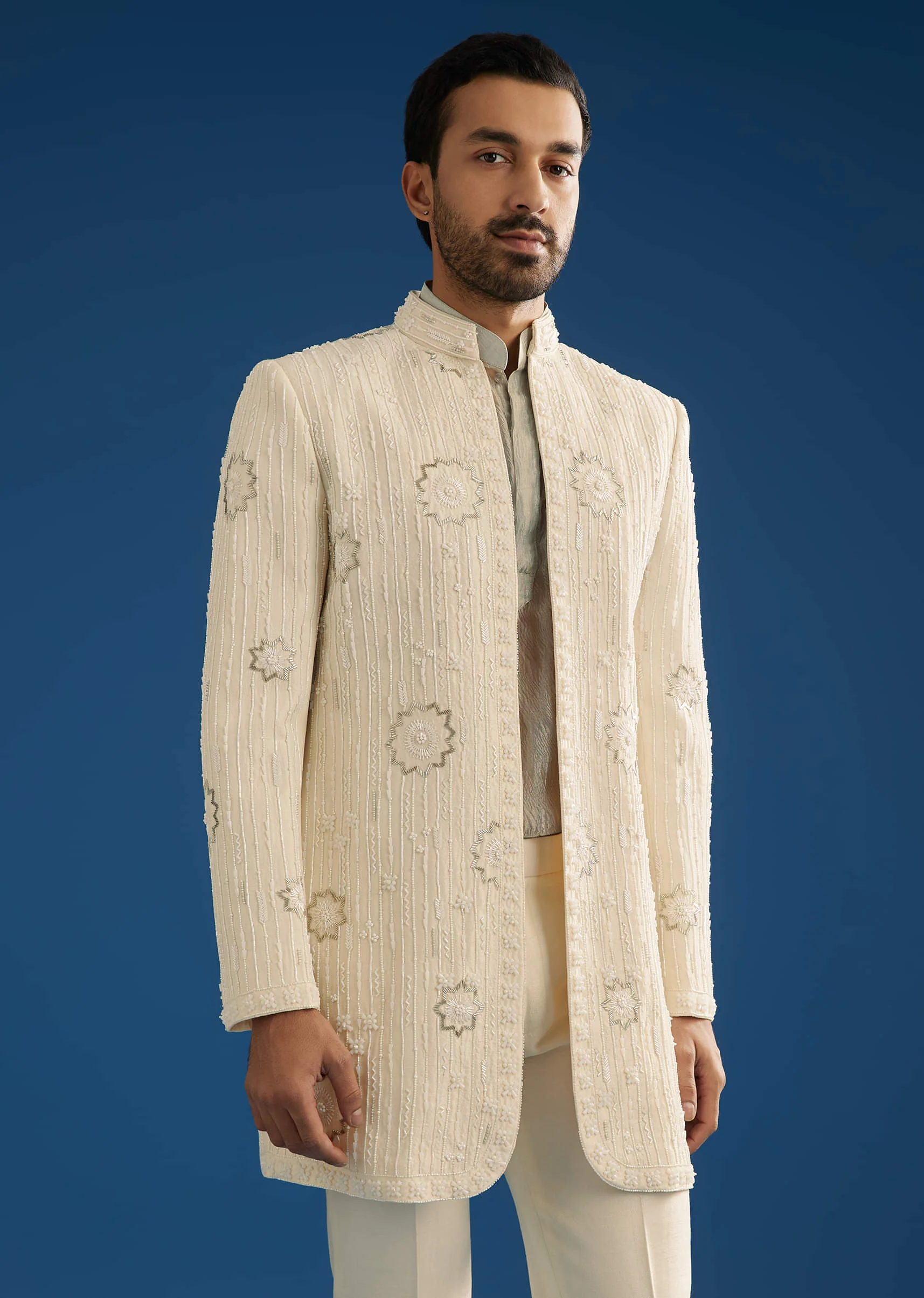 Off White Crush Tissue Sherwani Set With Beads And Cutdana Work - Image 4