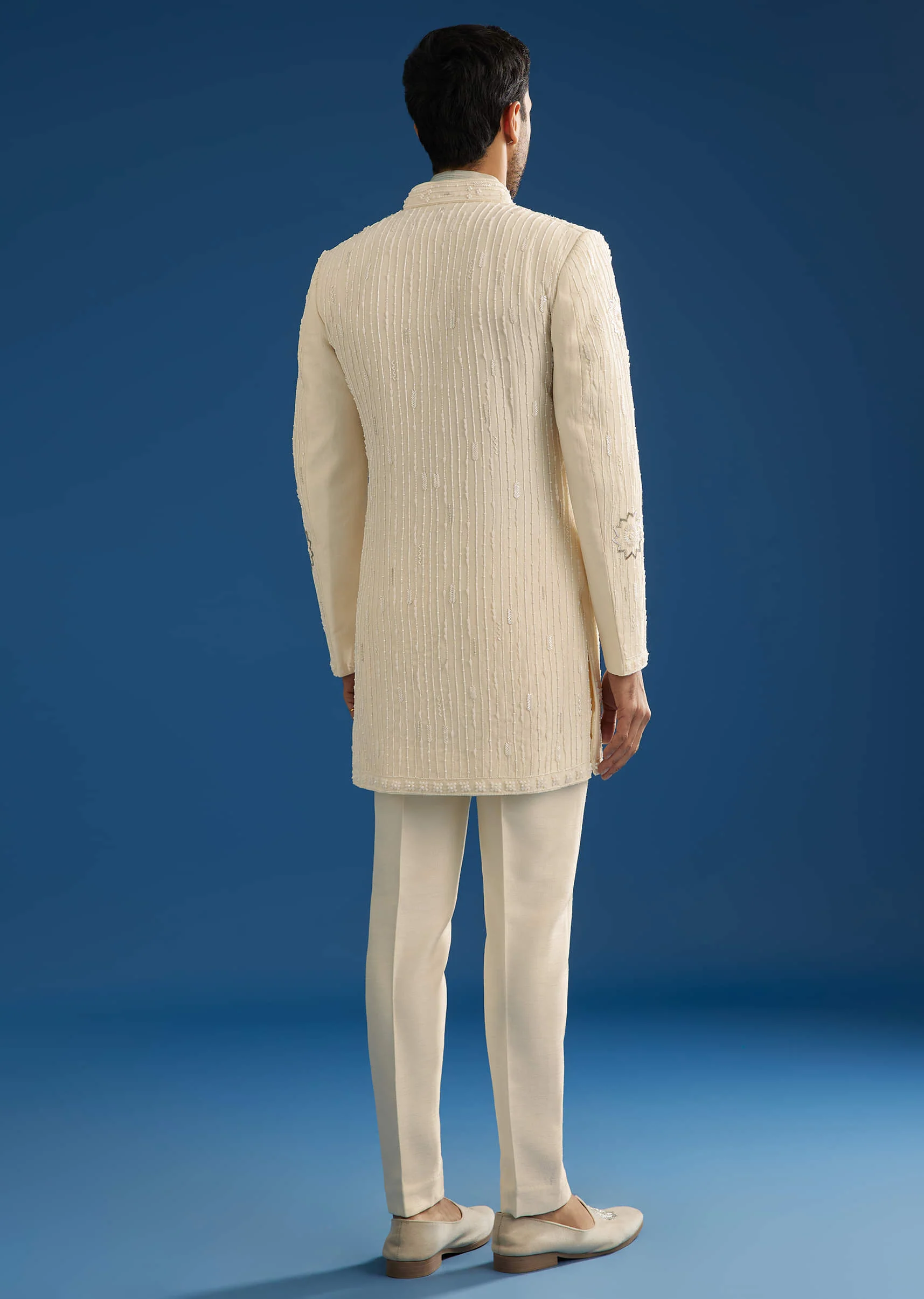 Off White Crush Tissue Sherwani Set With Beads And Cutdana Work - Image 5