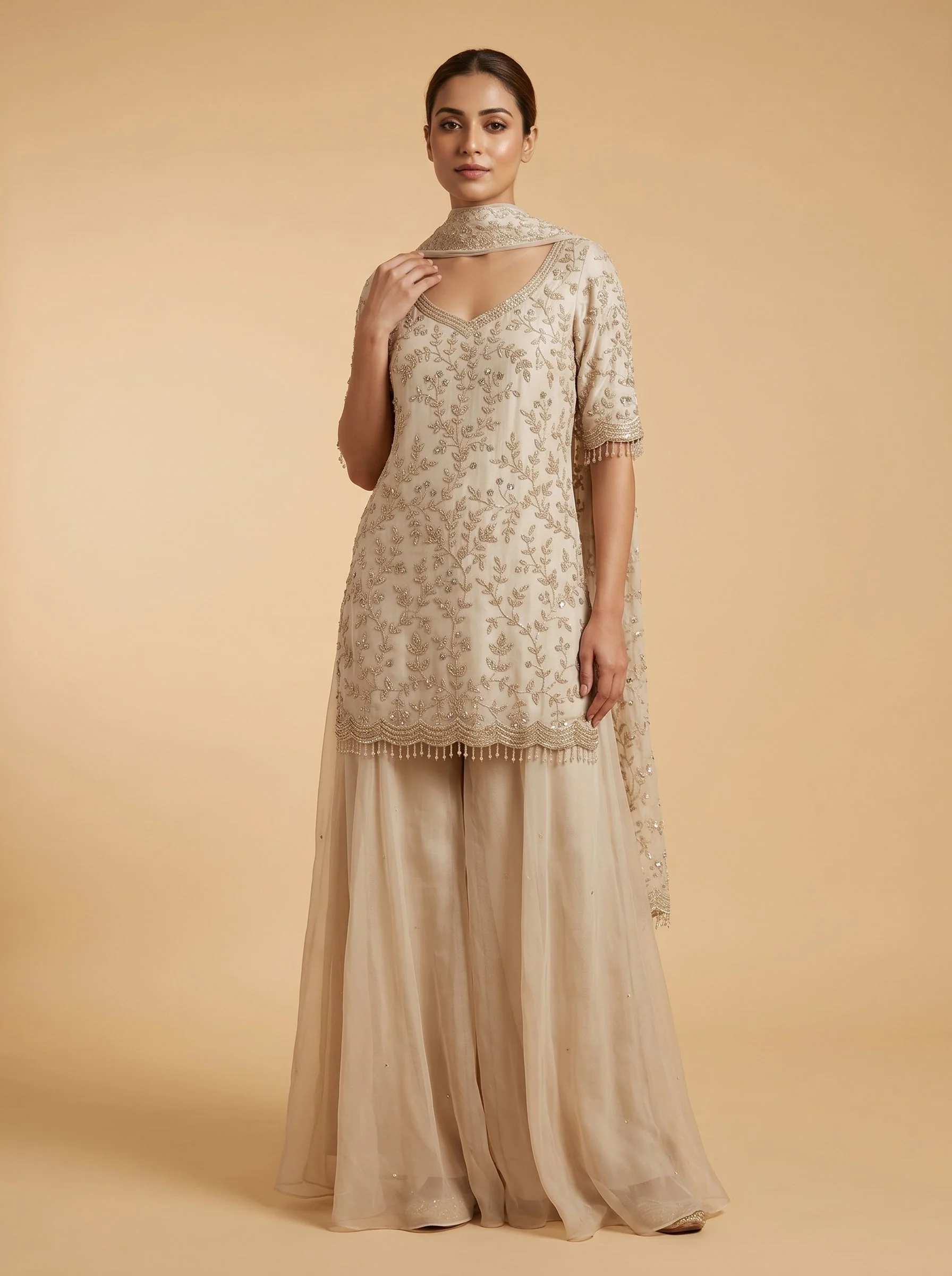 Off White Designer Palazzo Set Suit