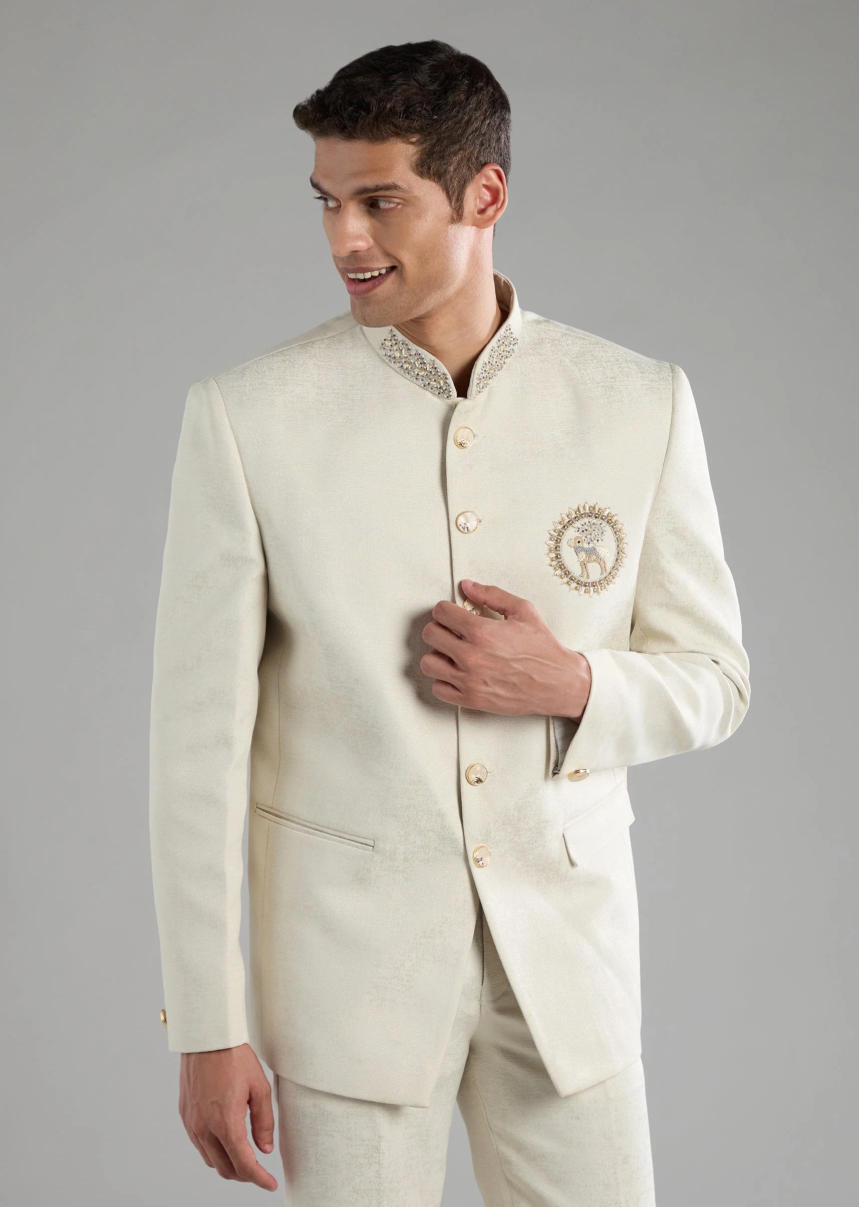 Off White Embroidered Jodhpuri and Pant Set - Image 3