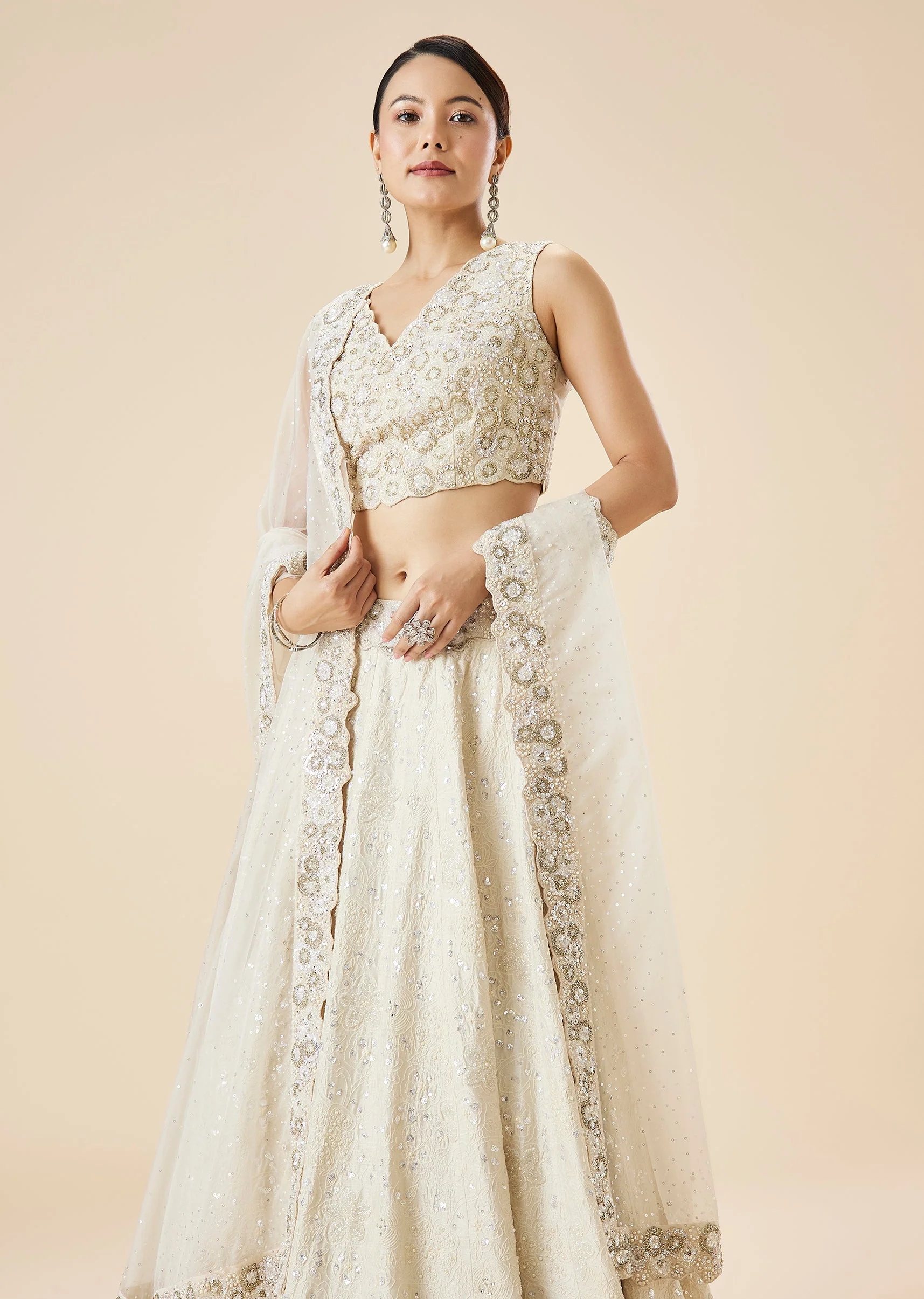 Off White Embroidered Lehenga Set And Dupatta - Image 5