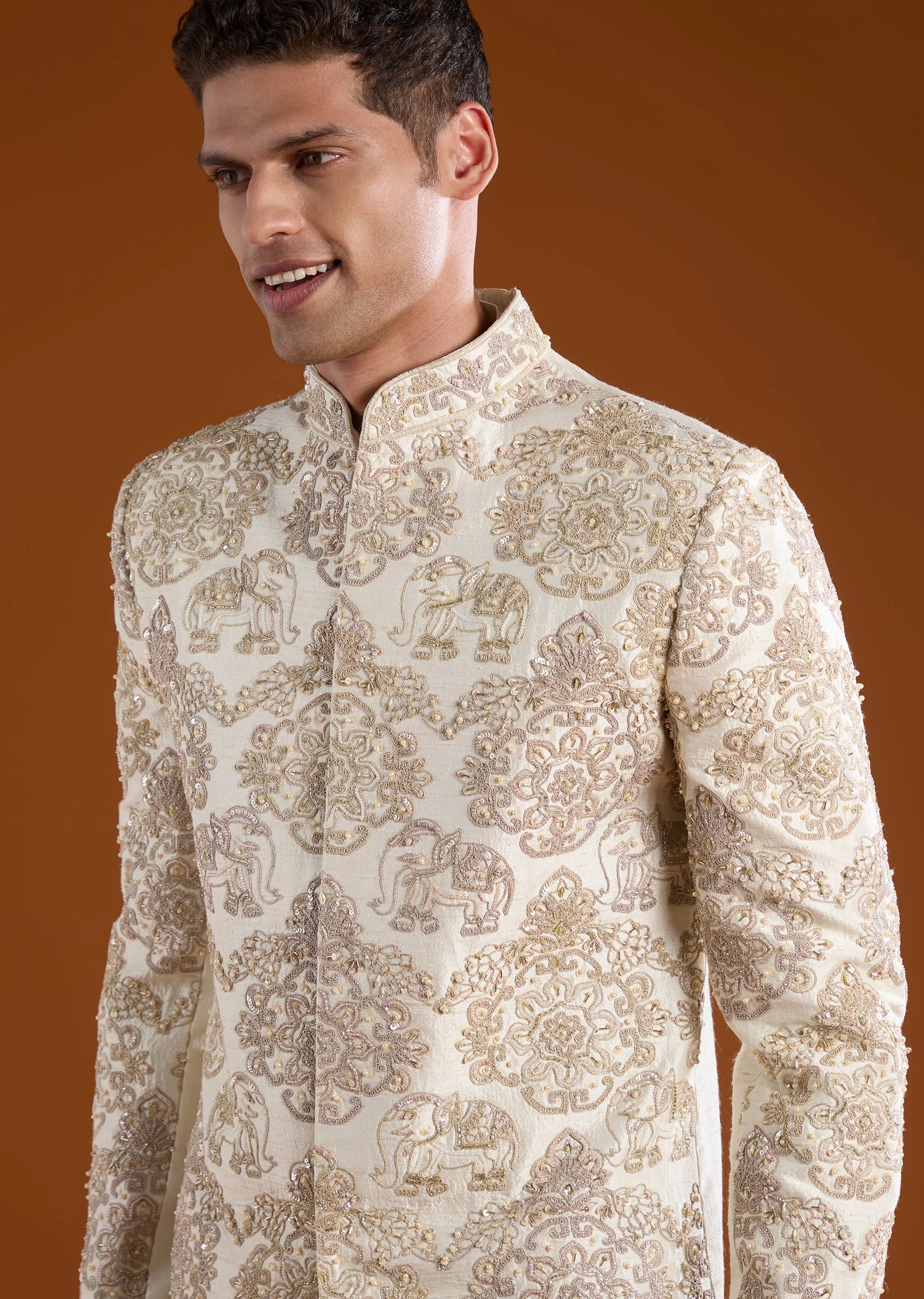 Off White Embroidered Silk Sherwani Kurta Set with Dupatta - Image 3