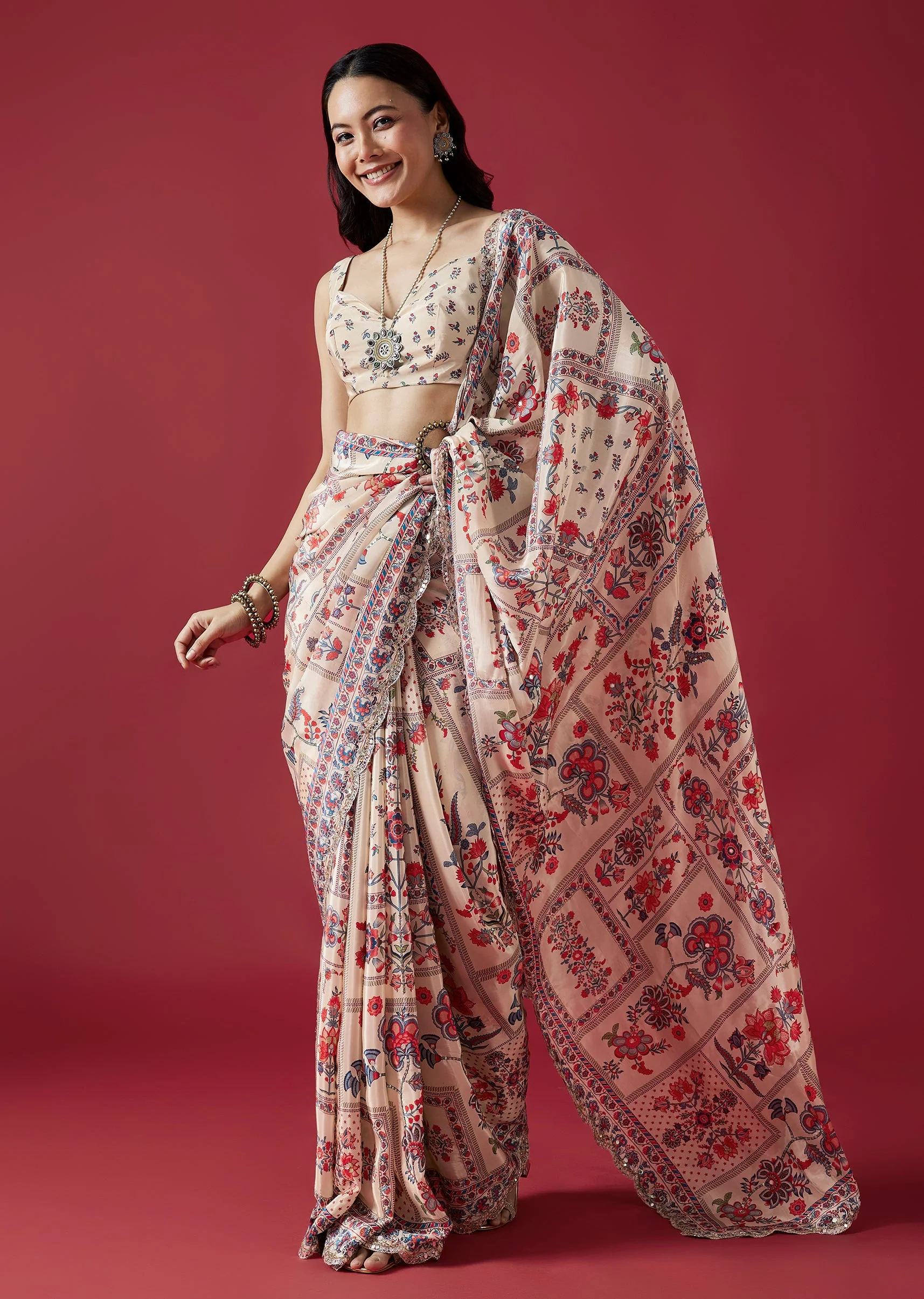 Off-White Floral Printed Crepe Saree With Mirror And Sequin Work