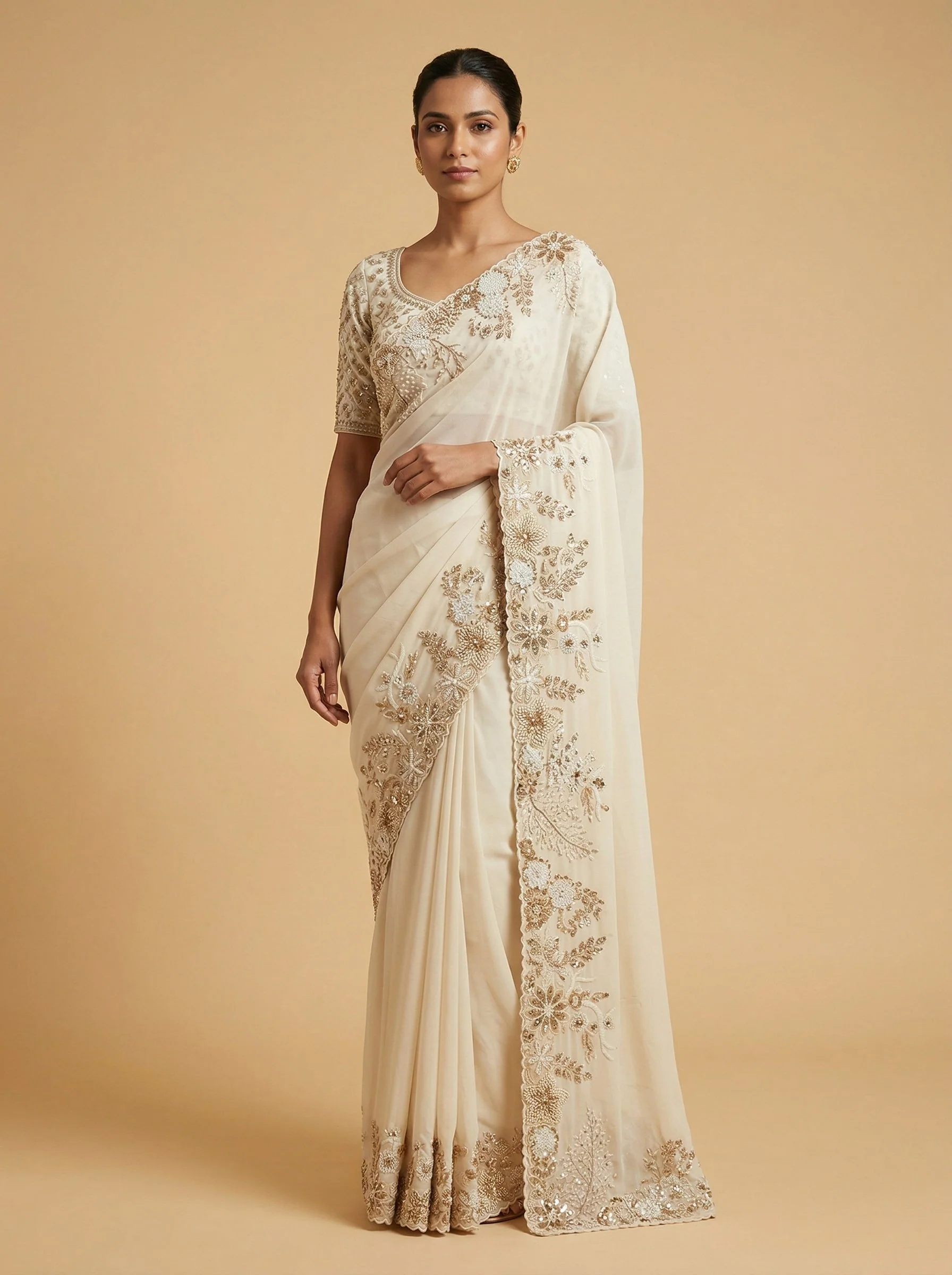 Off White Floral Printed Saree