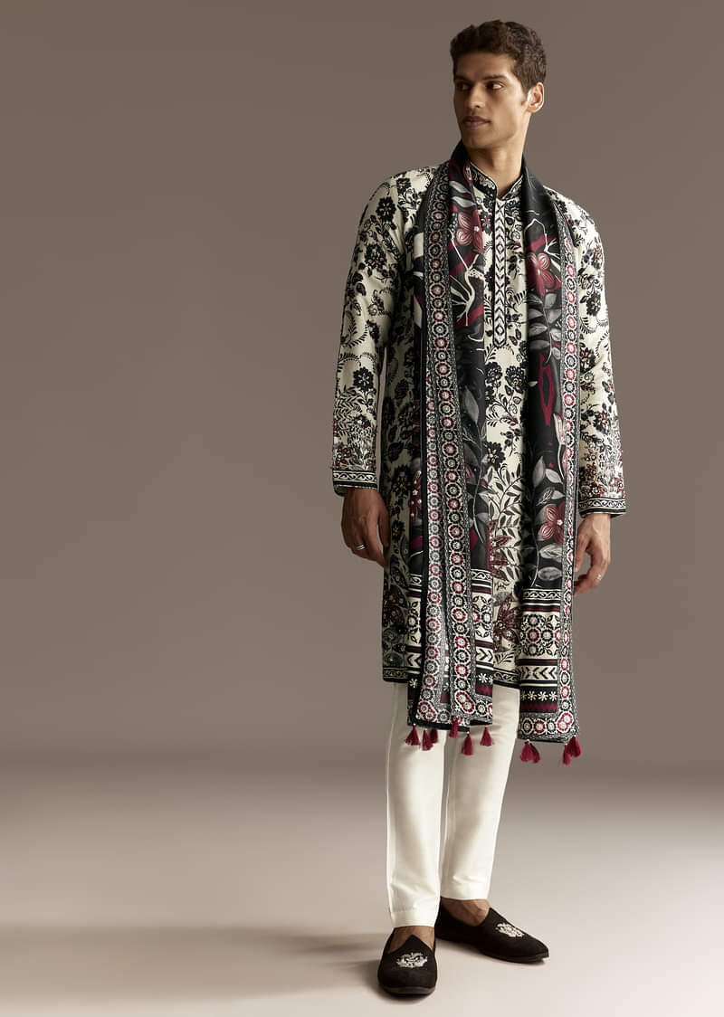 Off White Floral Silk Kurta Set With Dupatta - Image 2