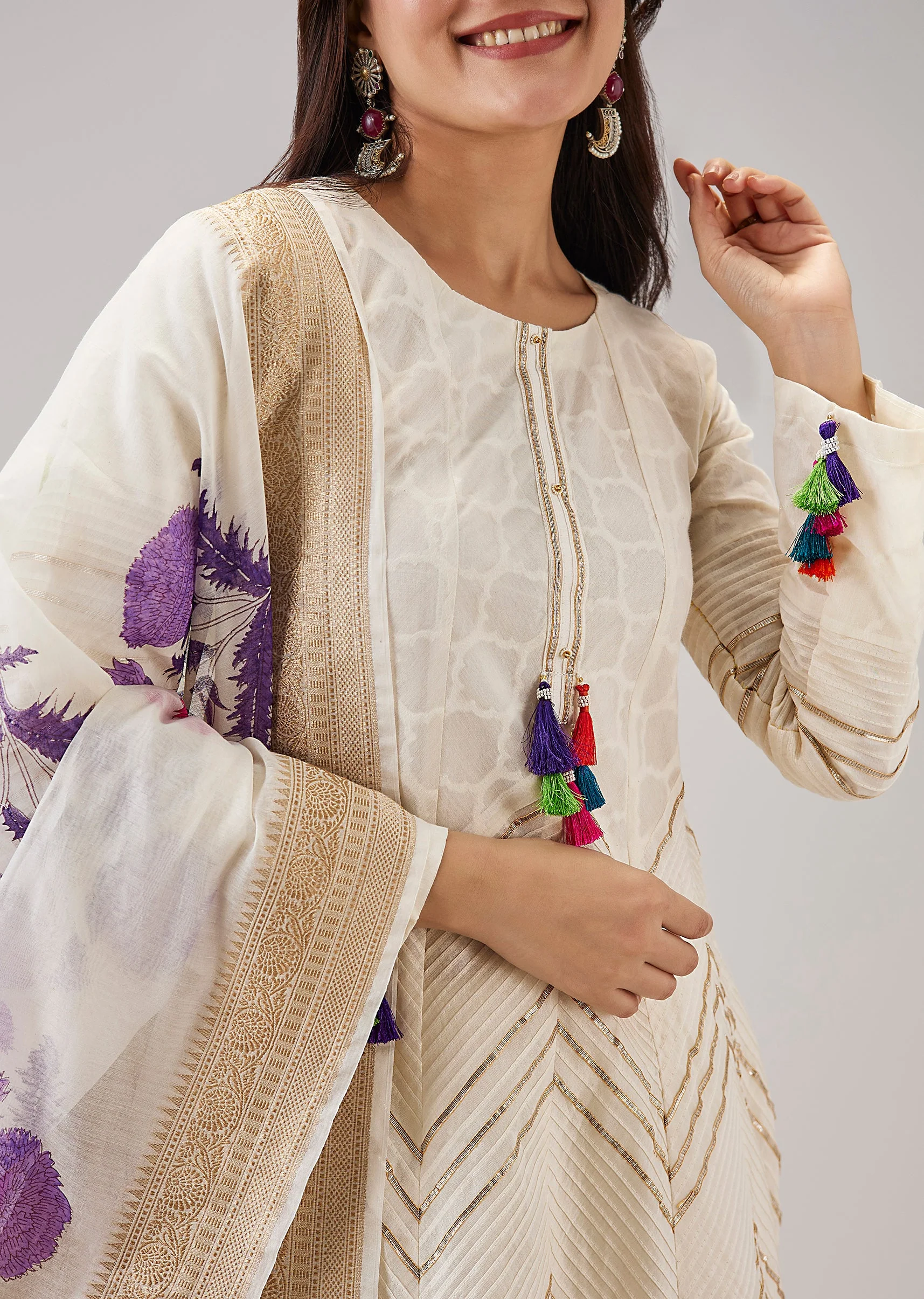 Off White Hand Block Print Anarkali With Gotta Lace Work - Image 2