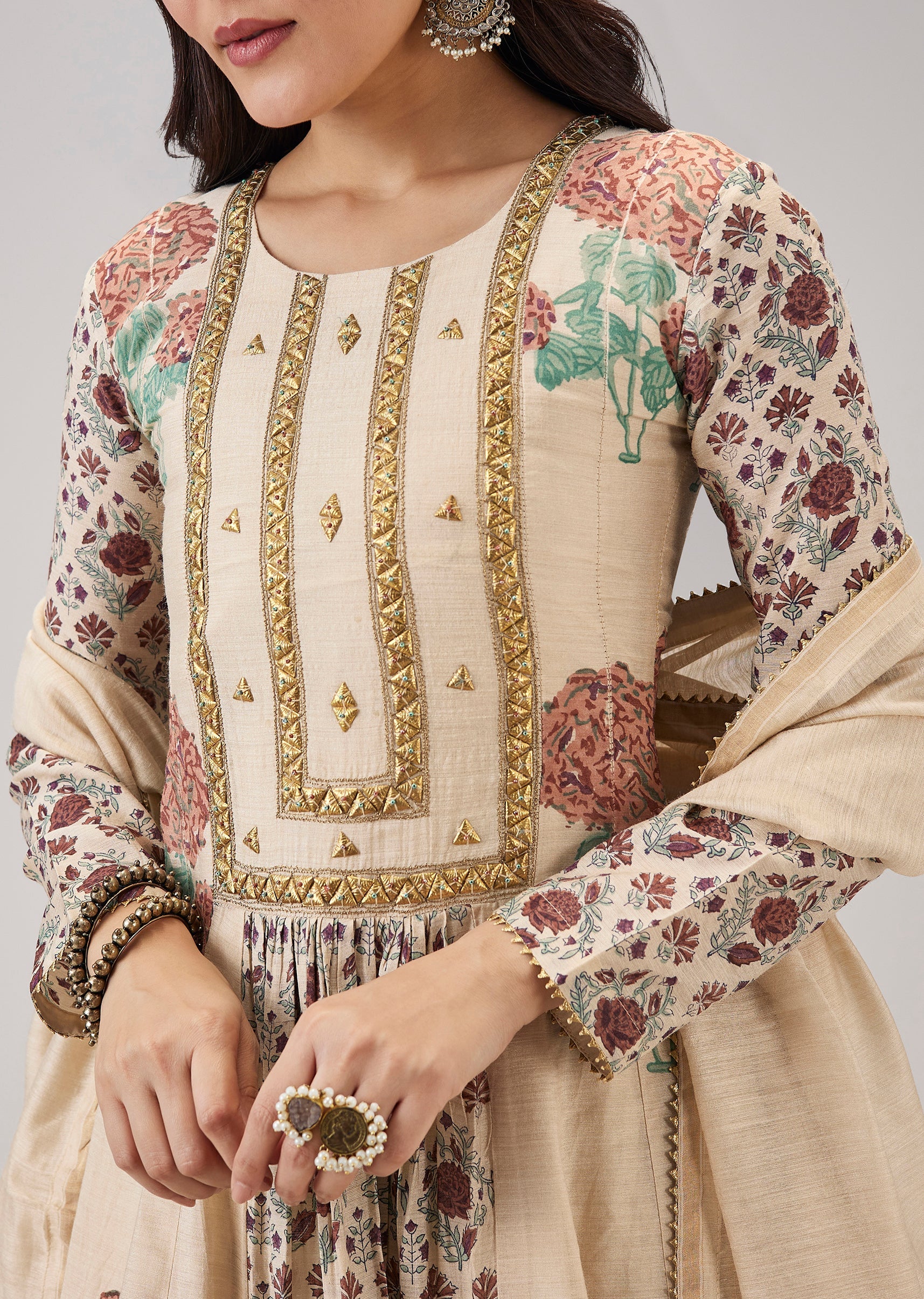 Off White Hand Block Print Anarkali With Sequins Work - Image 2