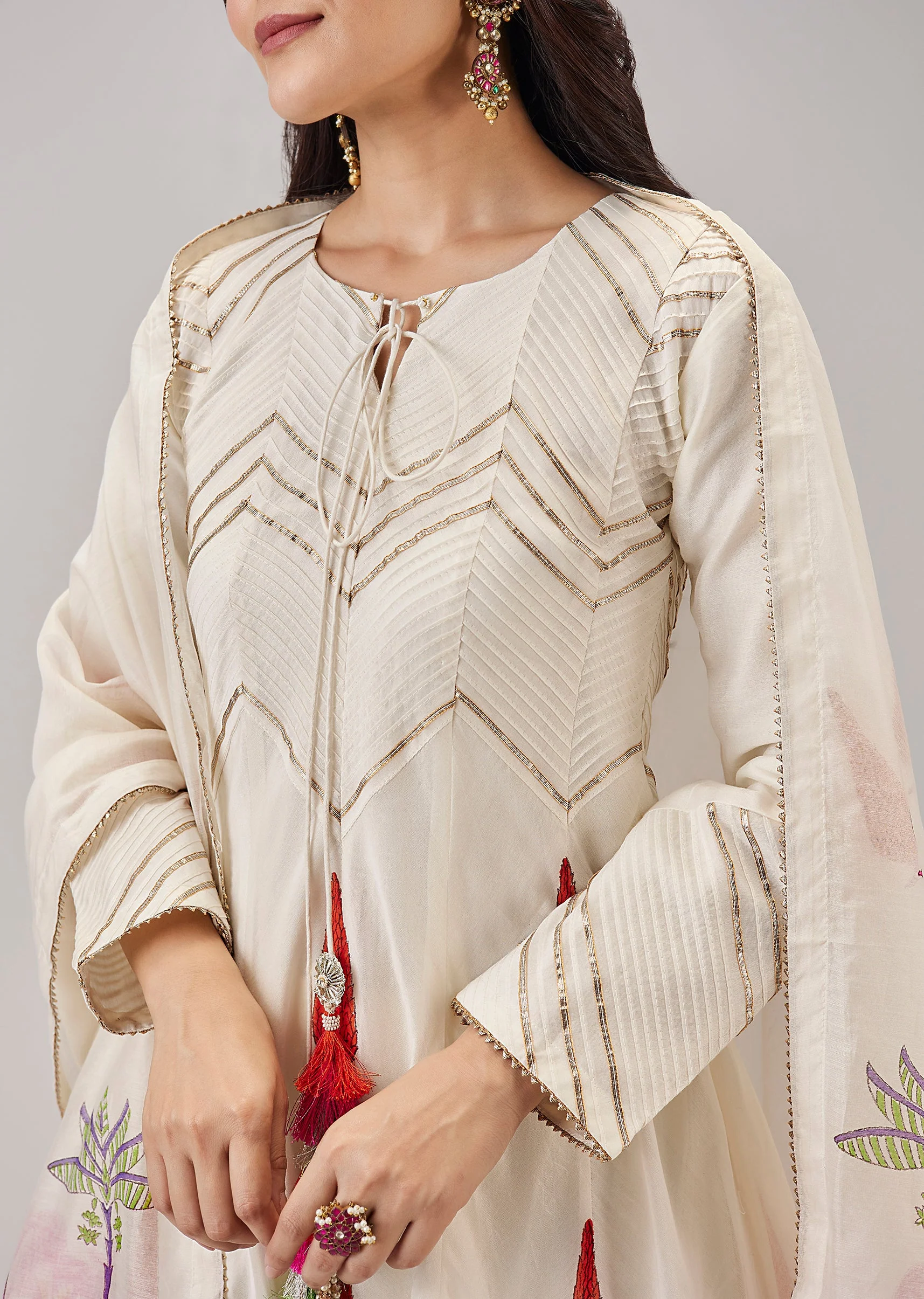 Off White Hand Block Printed Anarkali Adorned with Gota Lace - Image 2