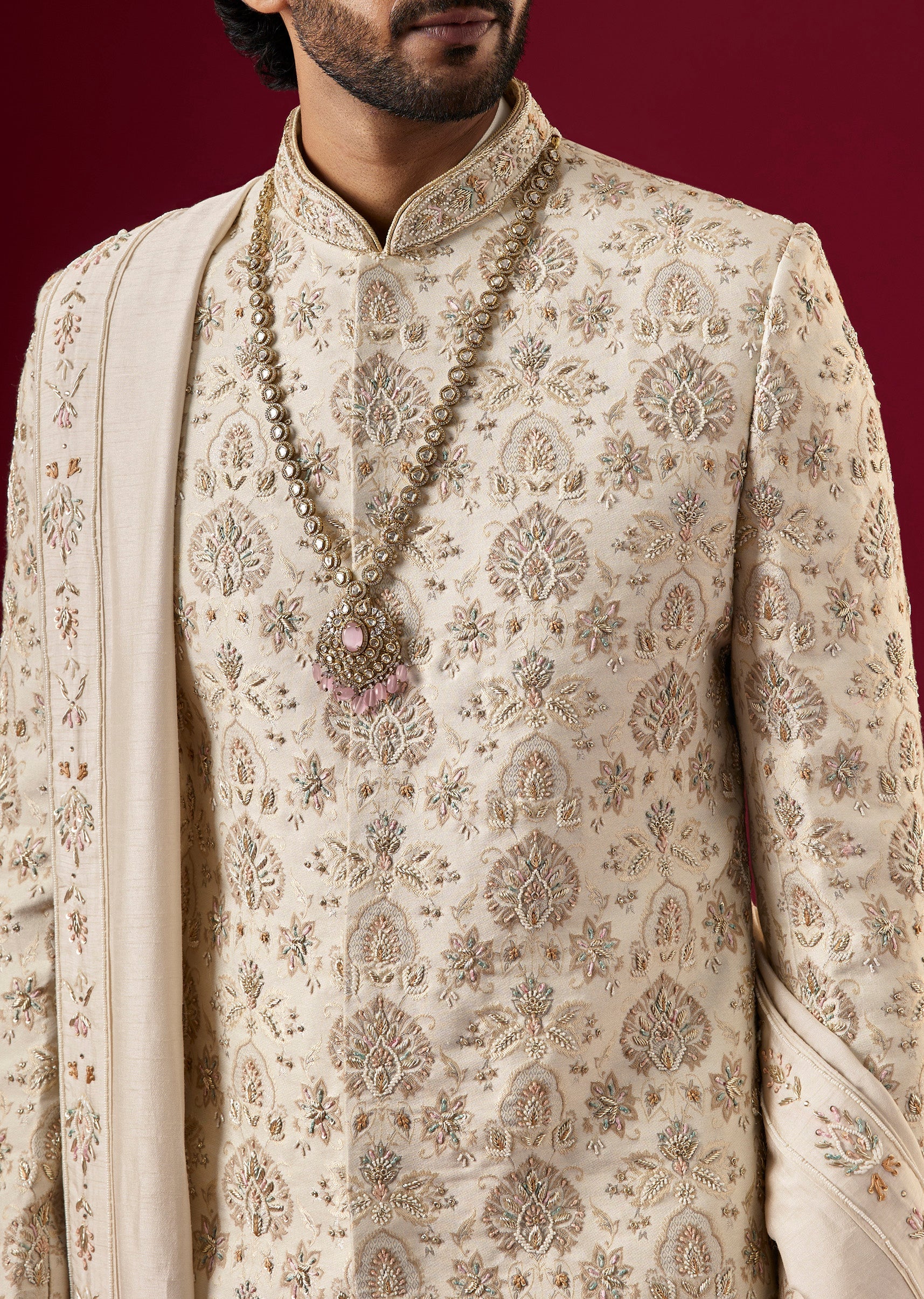 Off White Jacquard Silk Sherwani Set With Zardosi Work - Image 5