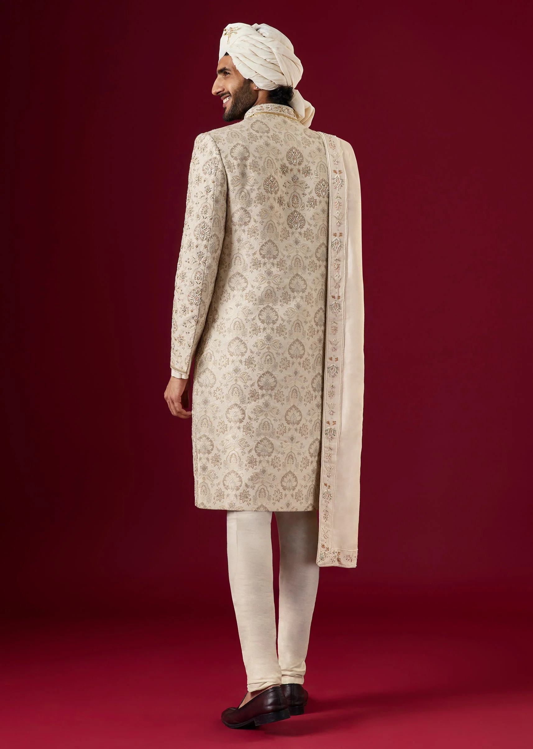 Off White Jacquard Silk Sherwani Set With Zardosi Work - Image 6