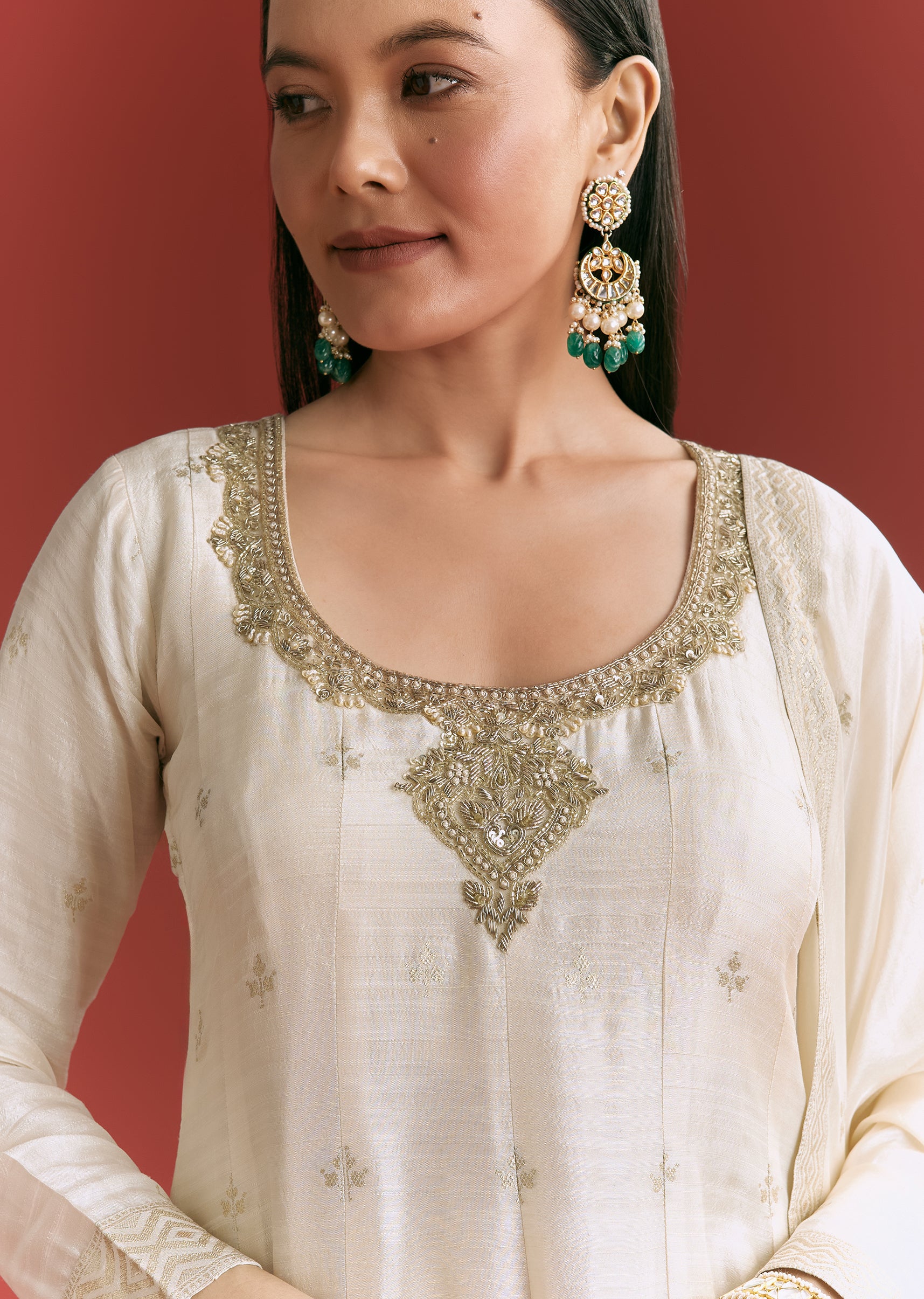 Off White Jaquard Silk Anarkali Suit With Dupatta - Image 2