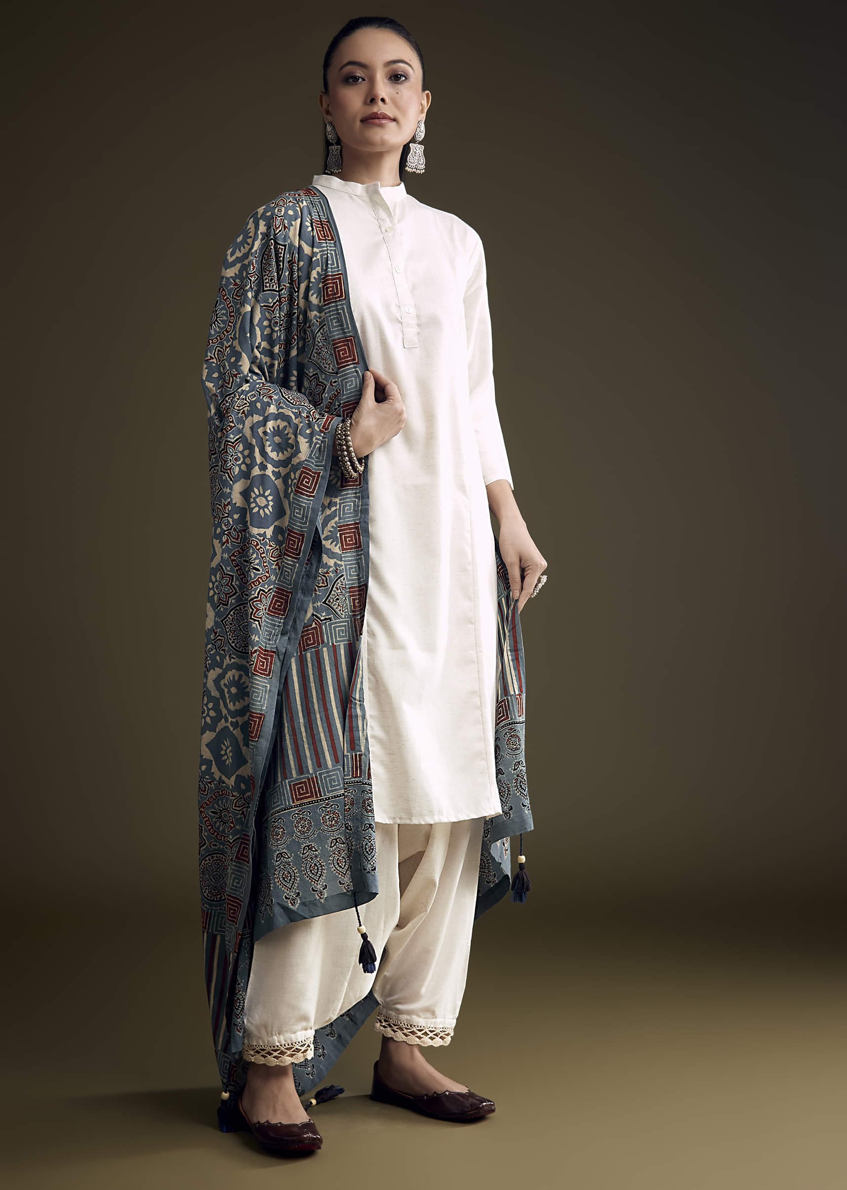 Off White Khadi Dhoti Suit With Blue Hand Dyed Ajrakh Dupatta - Image 2