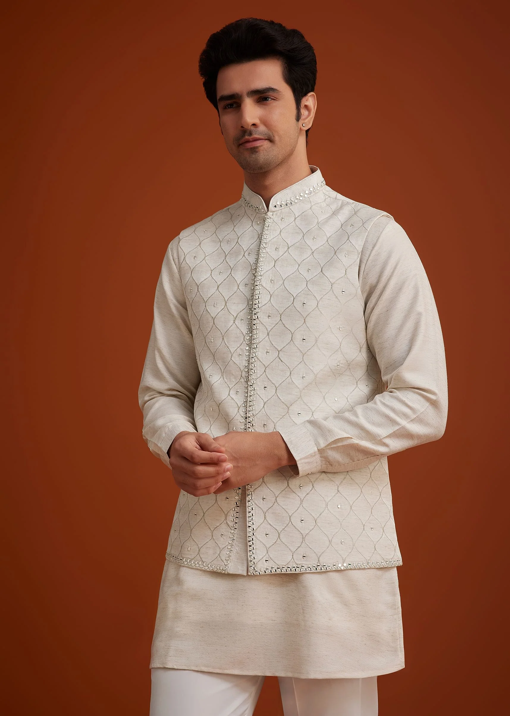 Off White Linen Silk Jacket Set With Zari And Mirror Work - Image 3
