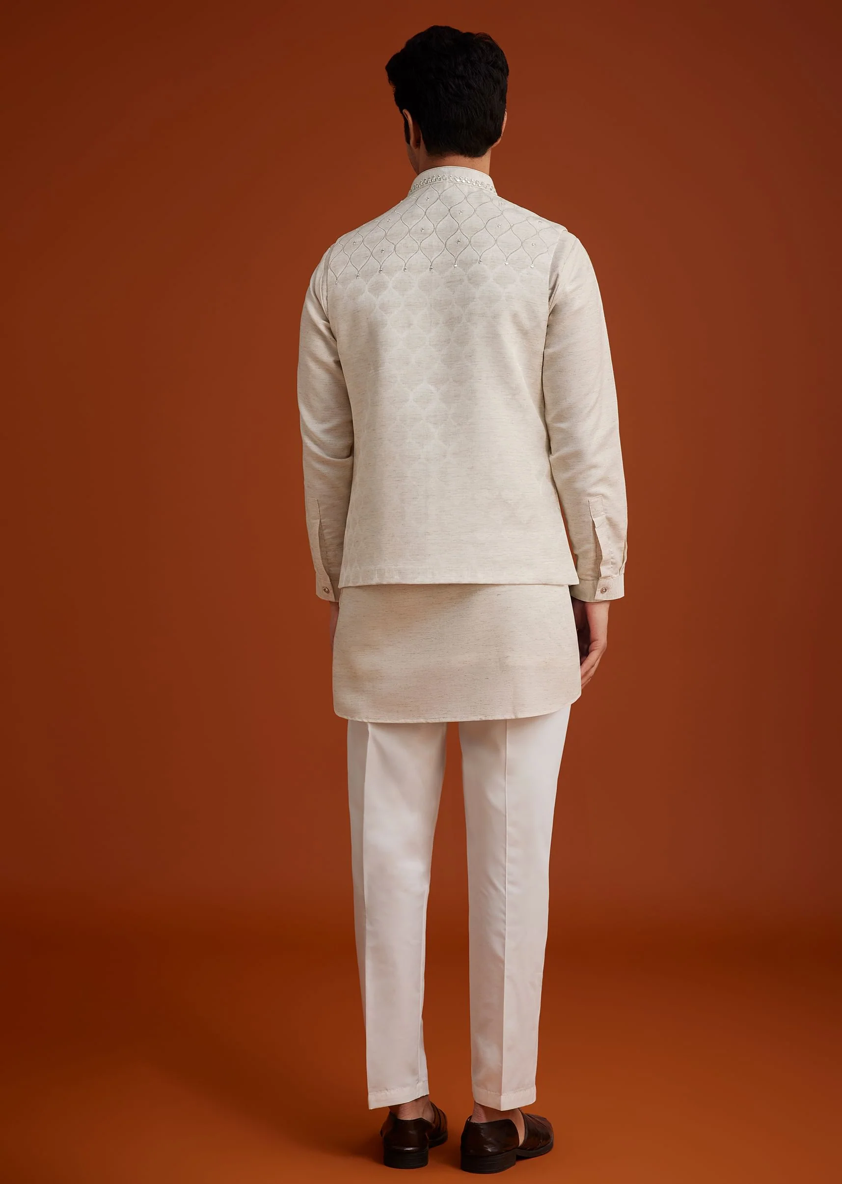 Off White Linen Silk Jacket Set With Zari And Mirror Work - Image 5