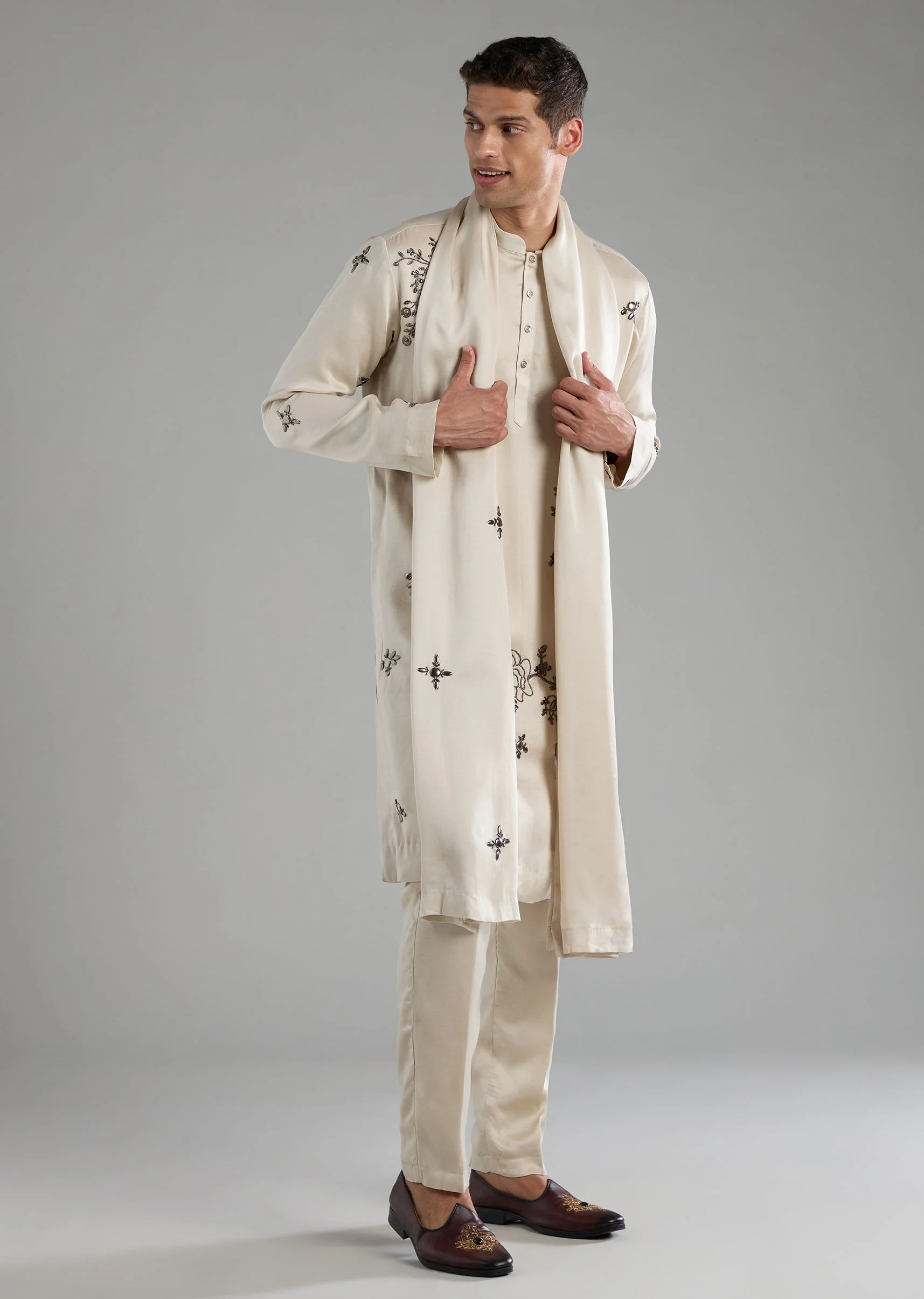 Off White Metal Hand Embroidered Kurta Set