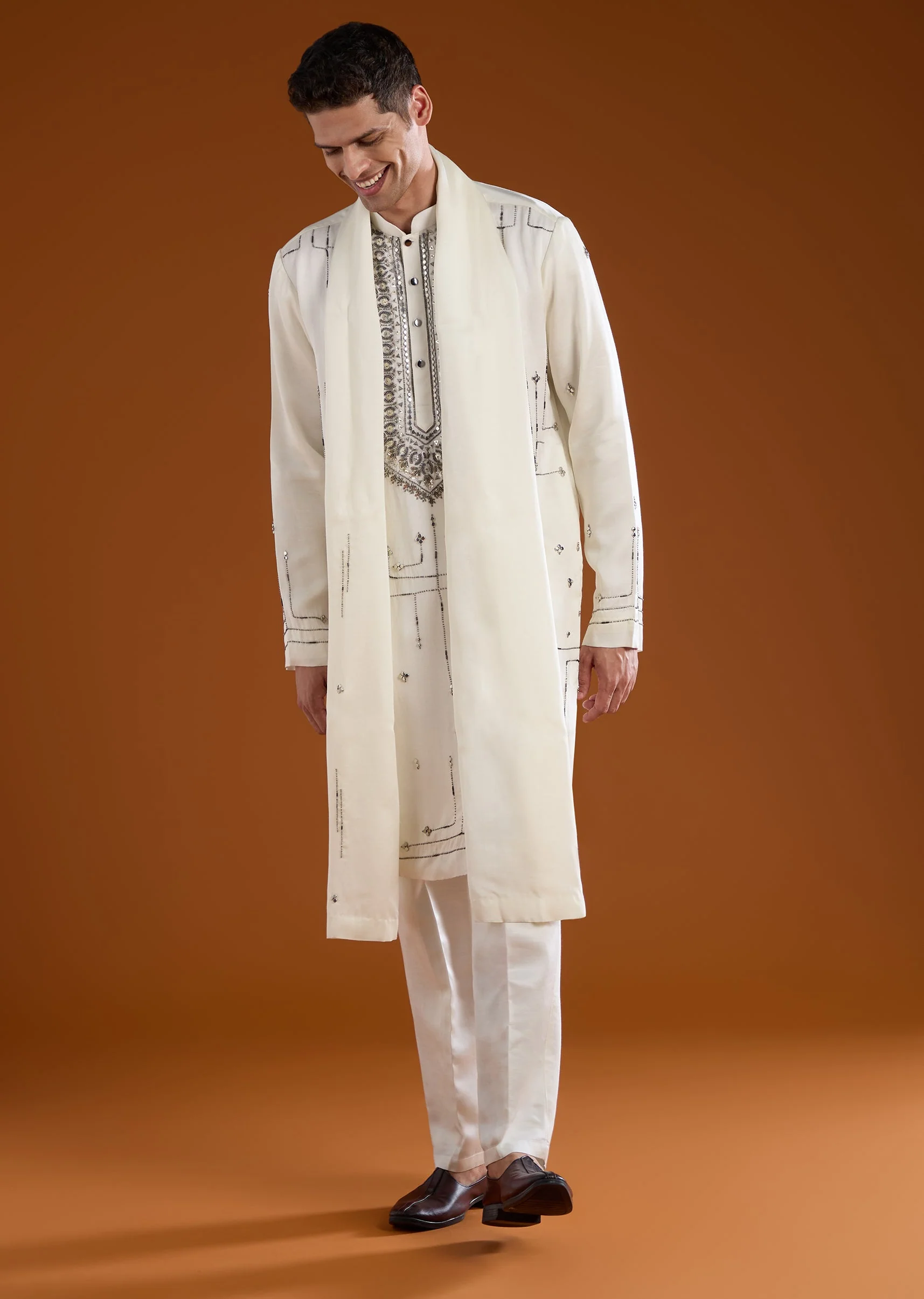 Off White Metal Hand Embroidered Kurta Set with Dupatta
