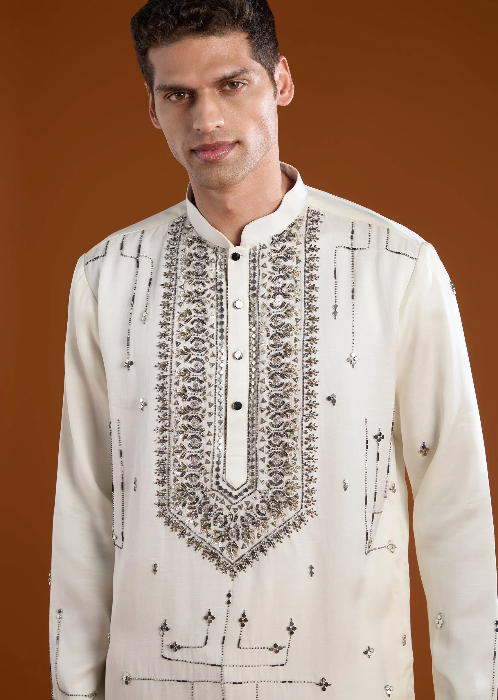 Off White Metal Hand Embroidered Kurta Set with Dupatta - Image 4
