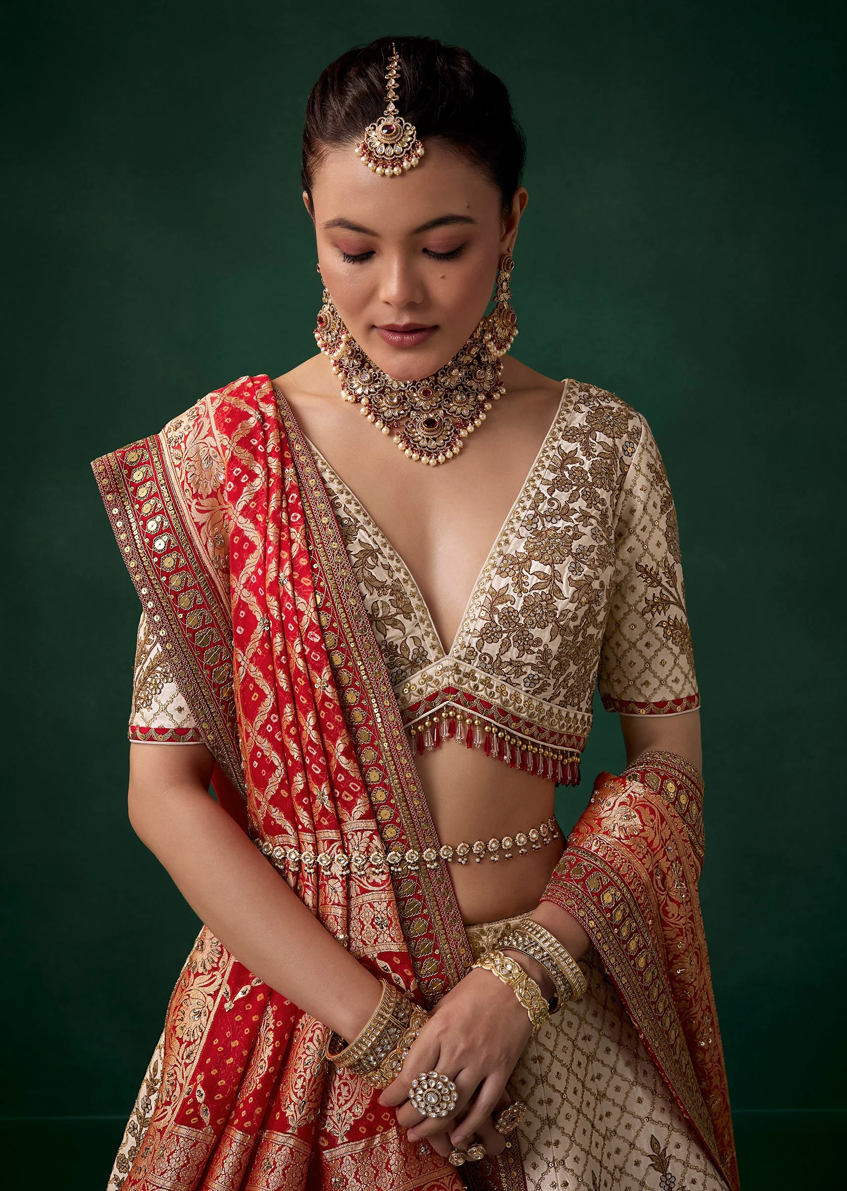 Off White Panetar Embroidered Bridal Lehenga With Two Dupattas - Image 3