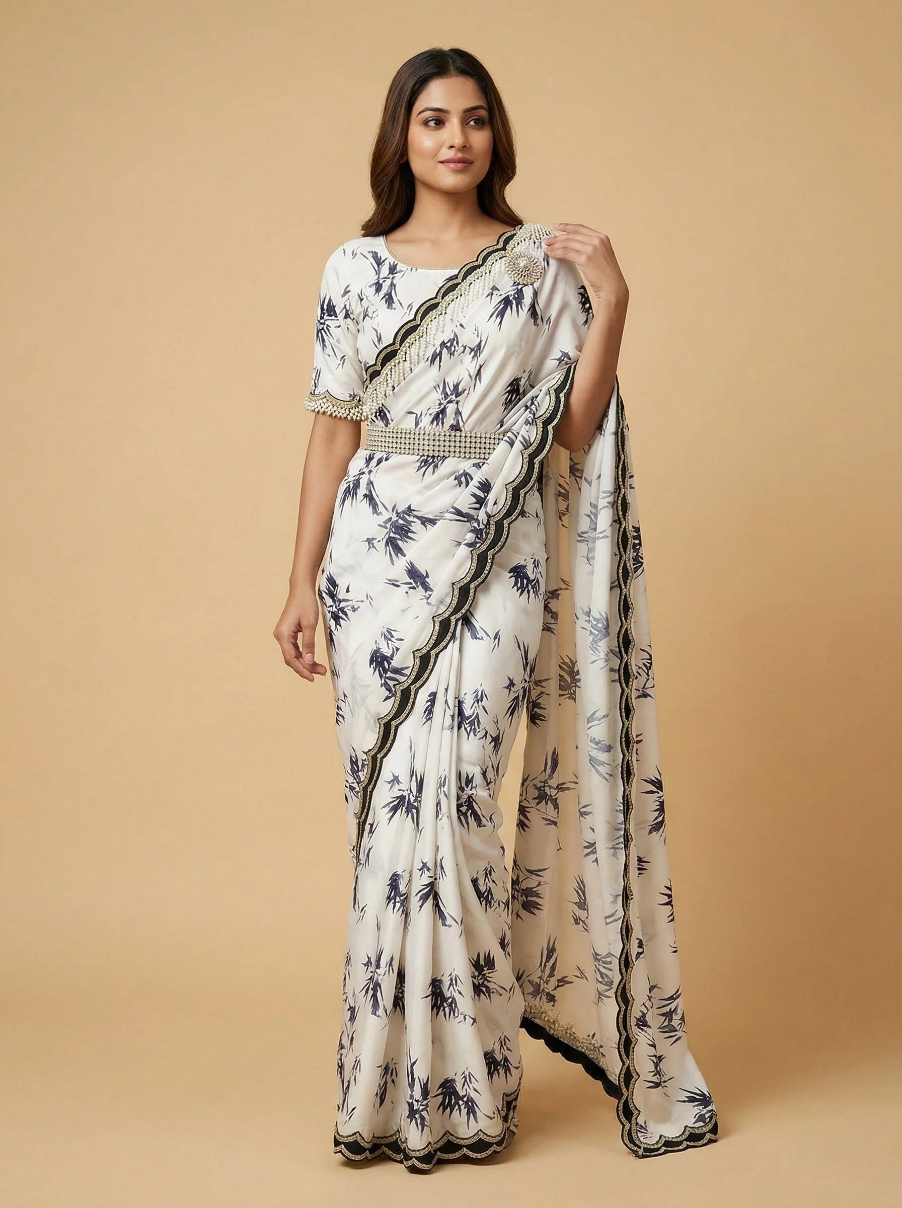Off White Pristine Embroidered Saree