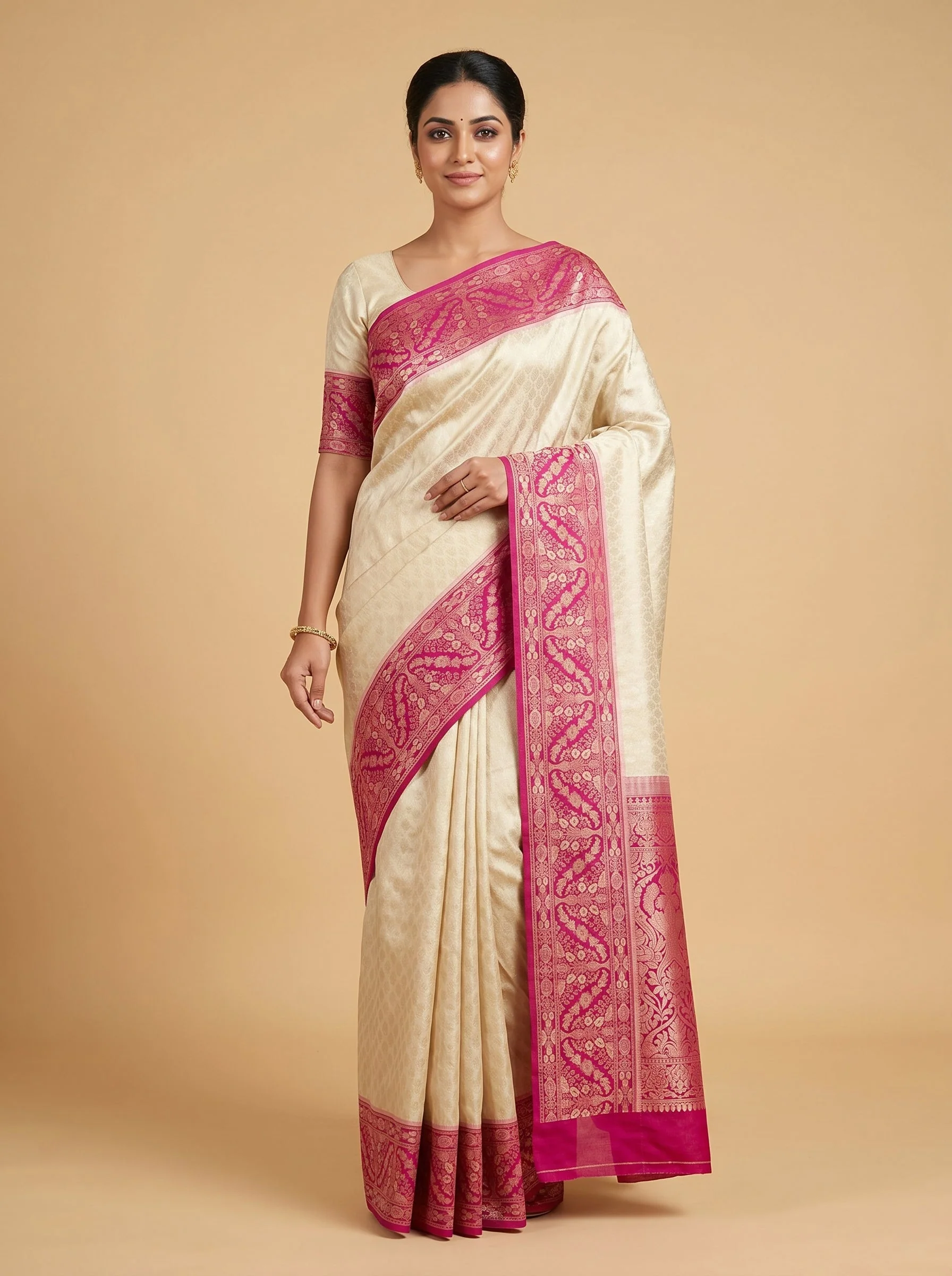 Off White Rani Handloom Saree