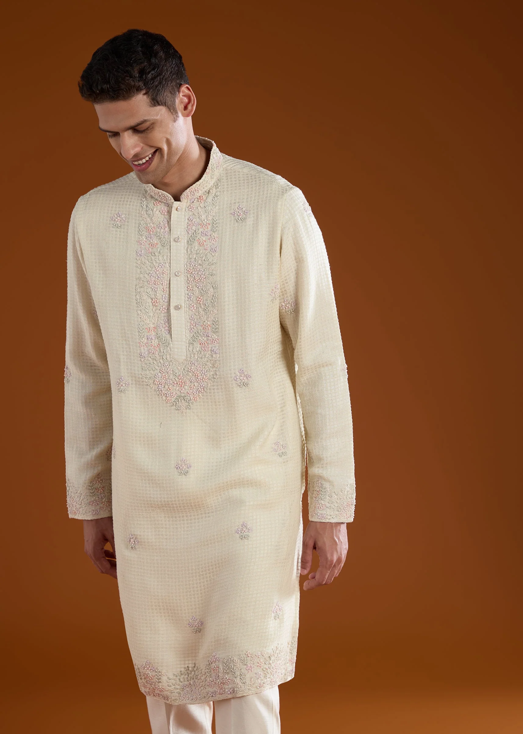 Off White Resham Work Mens Kurta Pant Set - Image 4