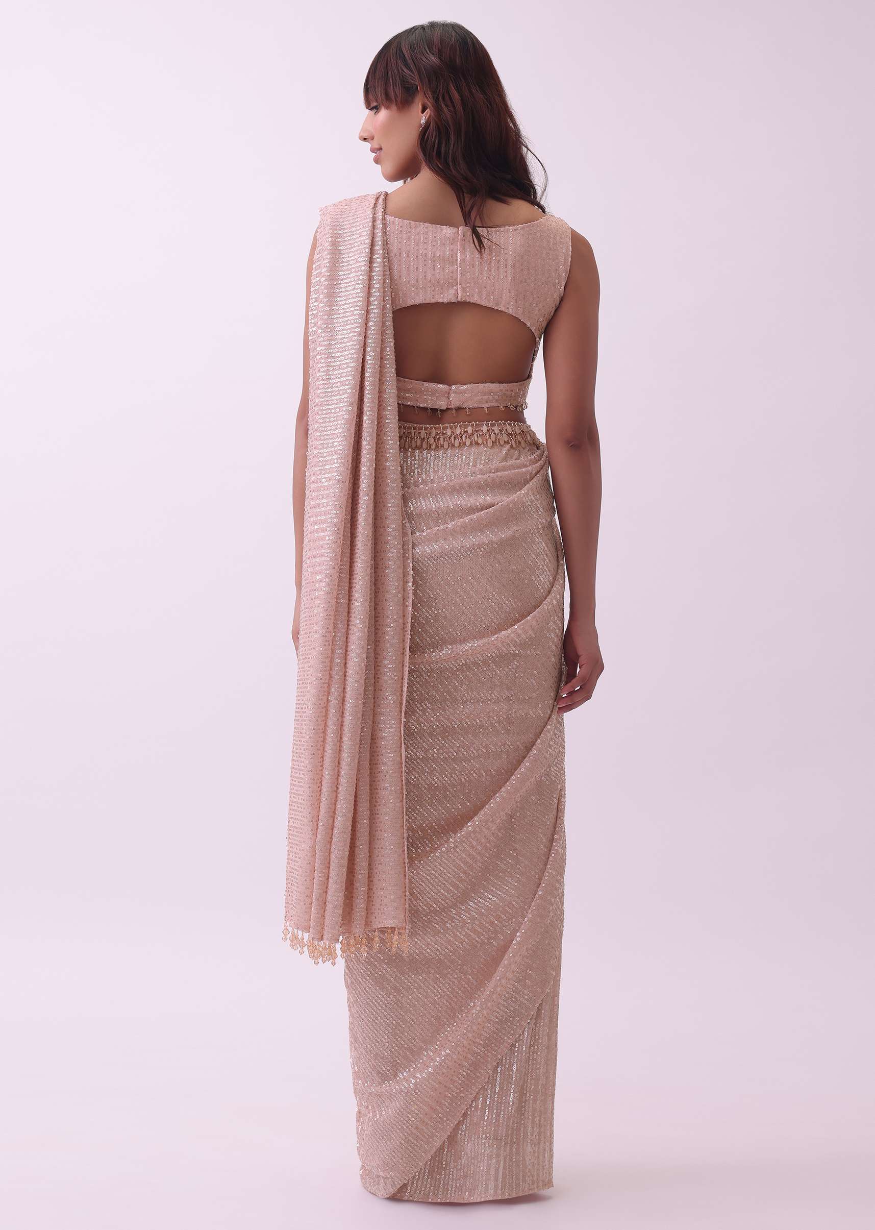 Off-White Saree And Stitched Blouse With Hanging Crystals - Image 4