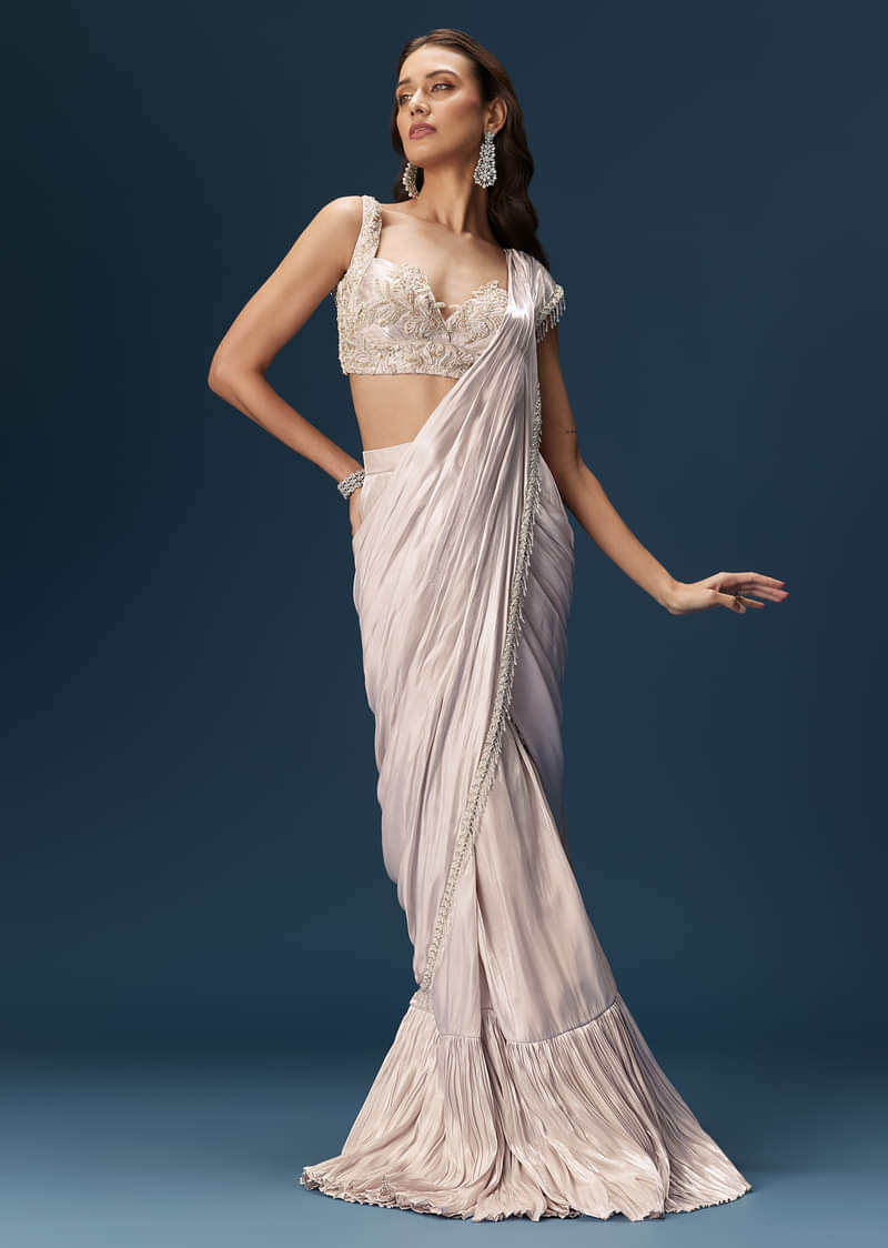 Off White Saree With Embroidered Blouse - Image 5