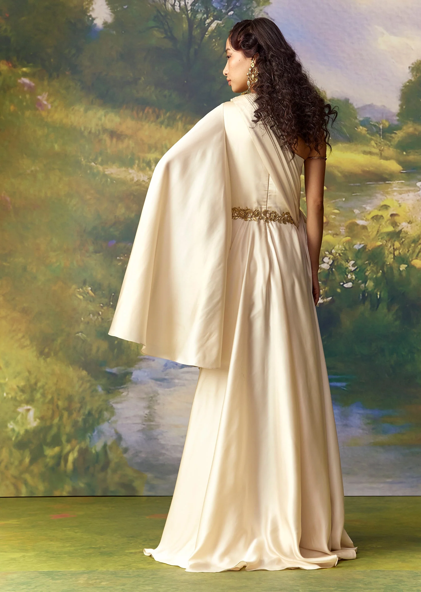 Off White Satin Off Shoulder Kaftan Gown with Belt - Image 2