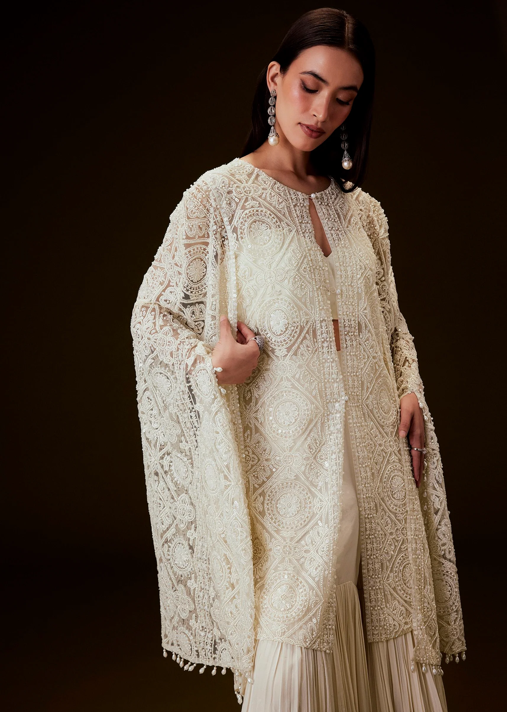 Off White Sequence Crepe Gathered Sharara Set With Fancy Sleeves Jacket - Image 5
