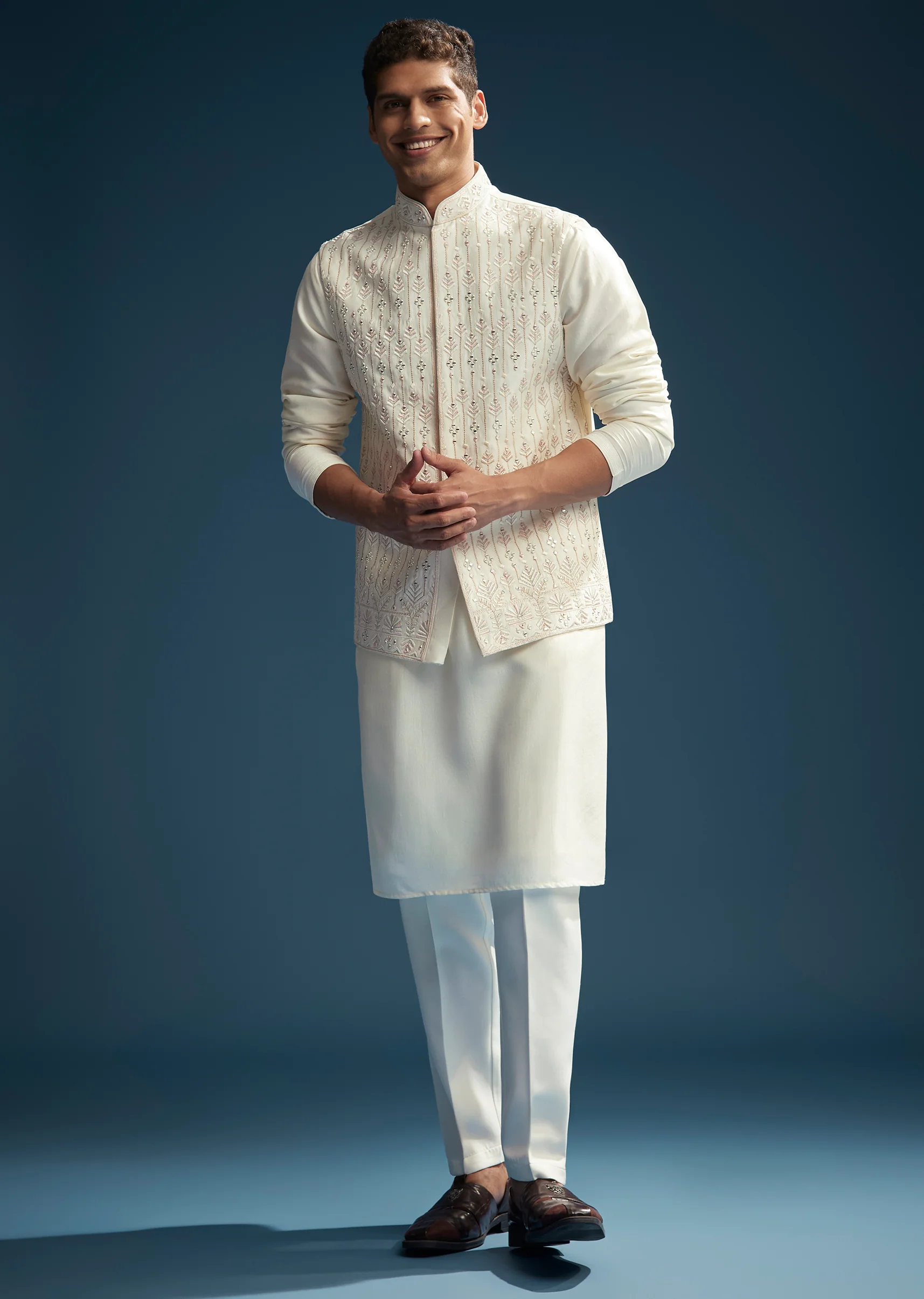 Off White Silk Kurta Jacket Set For Men With Mirror Embroidery - Image 2