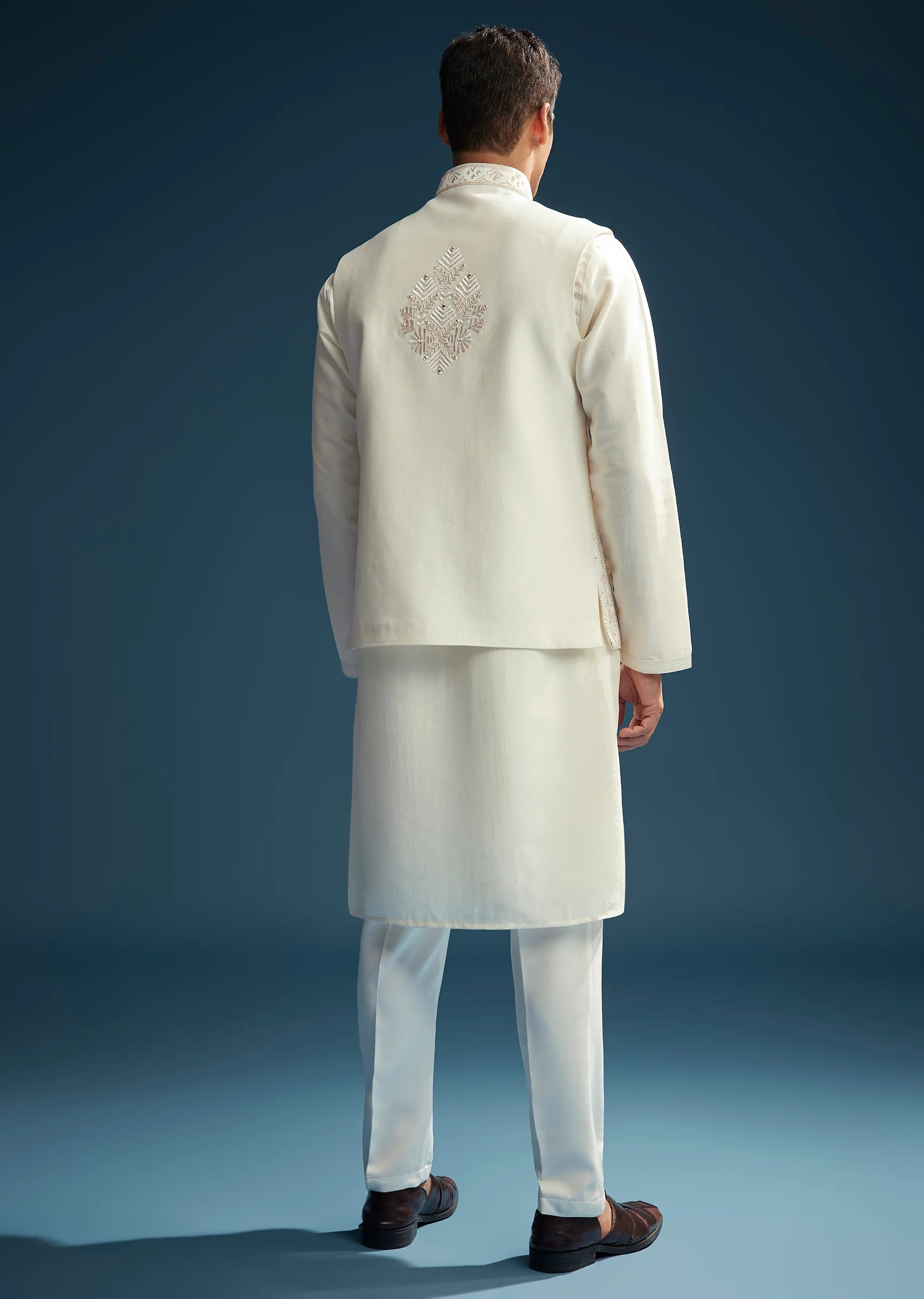 Off White Silk Kurta Jacket Set For Men With Mirror Embroidery - Image 5