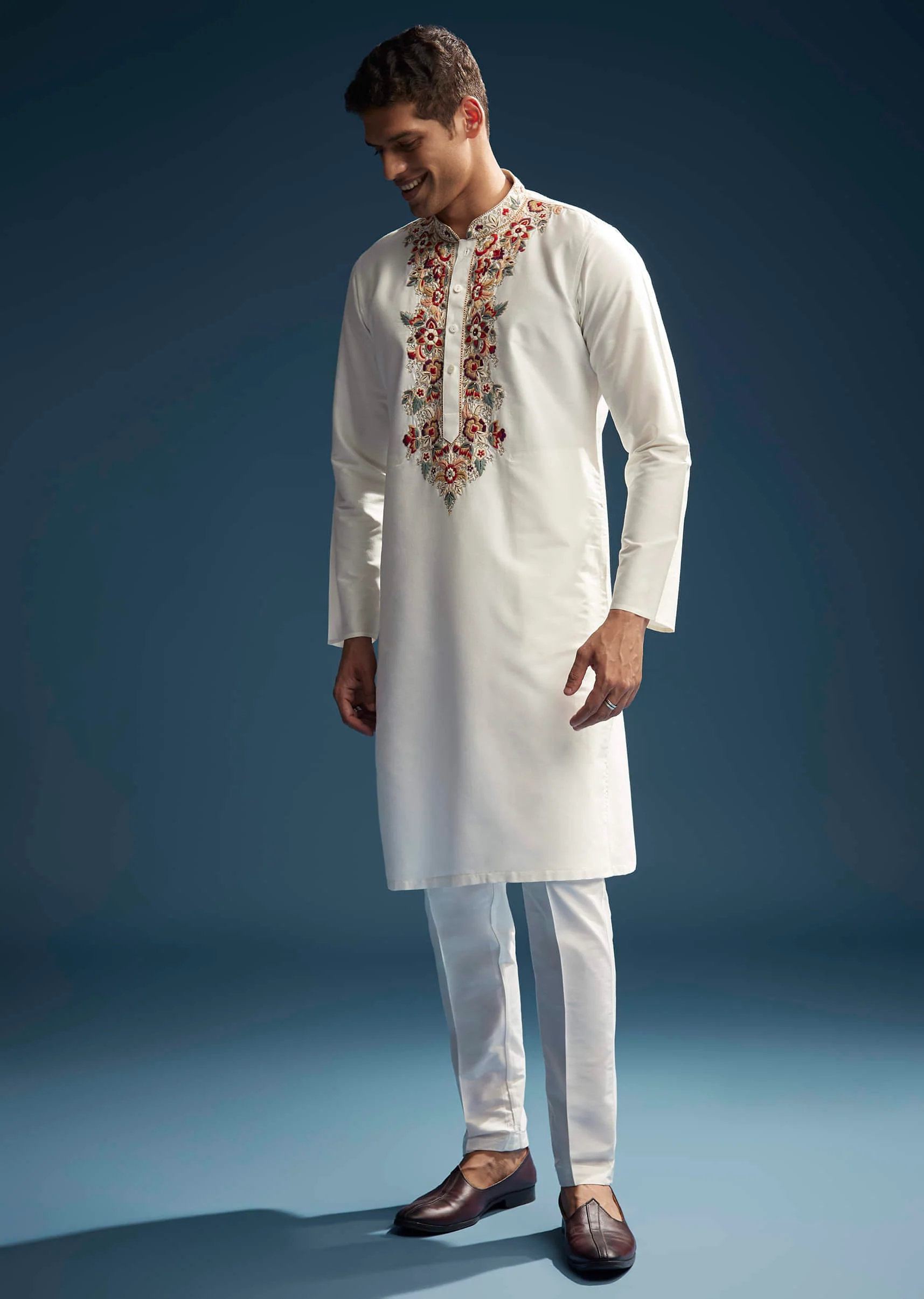 Off White Silk Kurta Set For Men With Multicolour Hand Embroidery